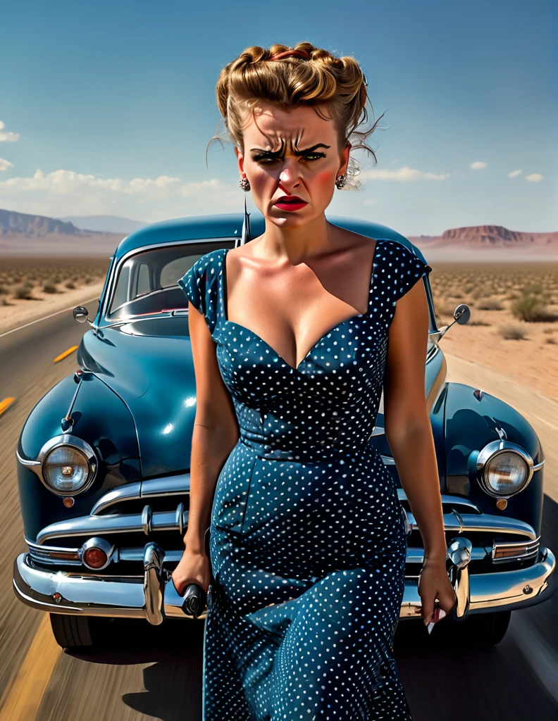 1950s style, angry [woman:Maude Adams:0.1] in a polka dot dress, leaving her broke down and steam comes out of her Hudson Hornet classic car, walking towards camera, fists clenched, empty highway in the desert, perfect face, ultra sharp focus, high quality, ultra high resolution, cinematic, masterpiece, Annie Leibovitz Photography Style