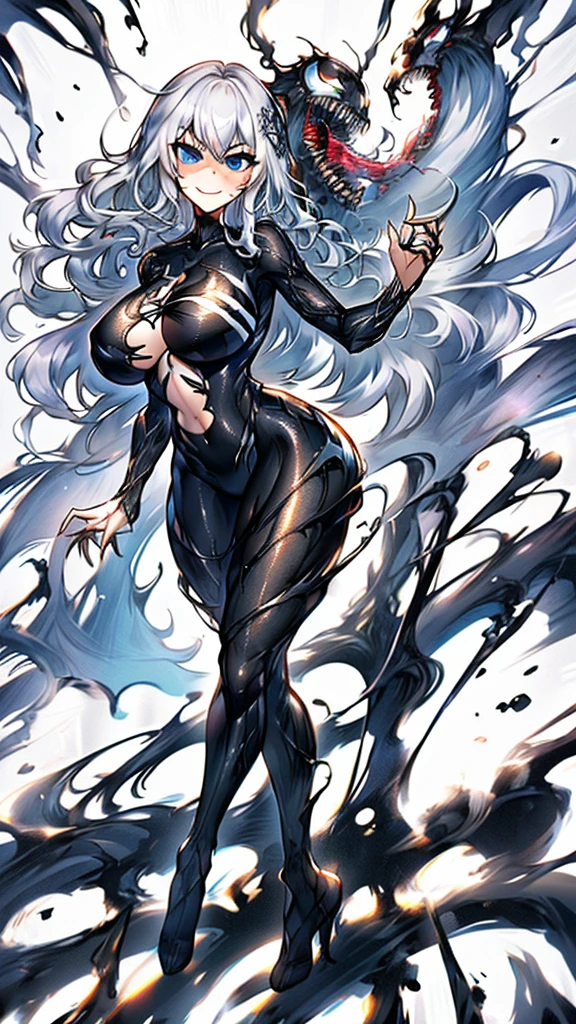 masterpiece， Highest quality， Observe the audience， length Hair， Fresh， （Wavy Hair：0.7），
White Theme， （（（（Grey Ruins，）））），Human whole body，，Front view，Side view，Top View，blue eyes，Bright Eyes，length, Pure white straight hair、軽いsmile，Ultra-high resolution，Accurate，Very detailed，Awards，Attention to detail，Highest quality，8K、全naked、Doomsday of the World、Black Dragon、Sexy uty、Big Breatailedな顔、dance、(((anger,smile)))、(Sexy high leg swims)、(Top View、Panoramic View)、Venom Suit