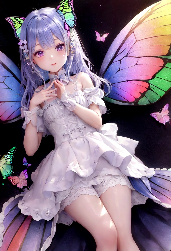 Rainbow butterfly wings on the back、girl、White dress、View your viewers、Attention to detail、Shiny white skin、Adorable、Background like Alice in Ignorance、Fantasy