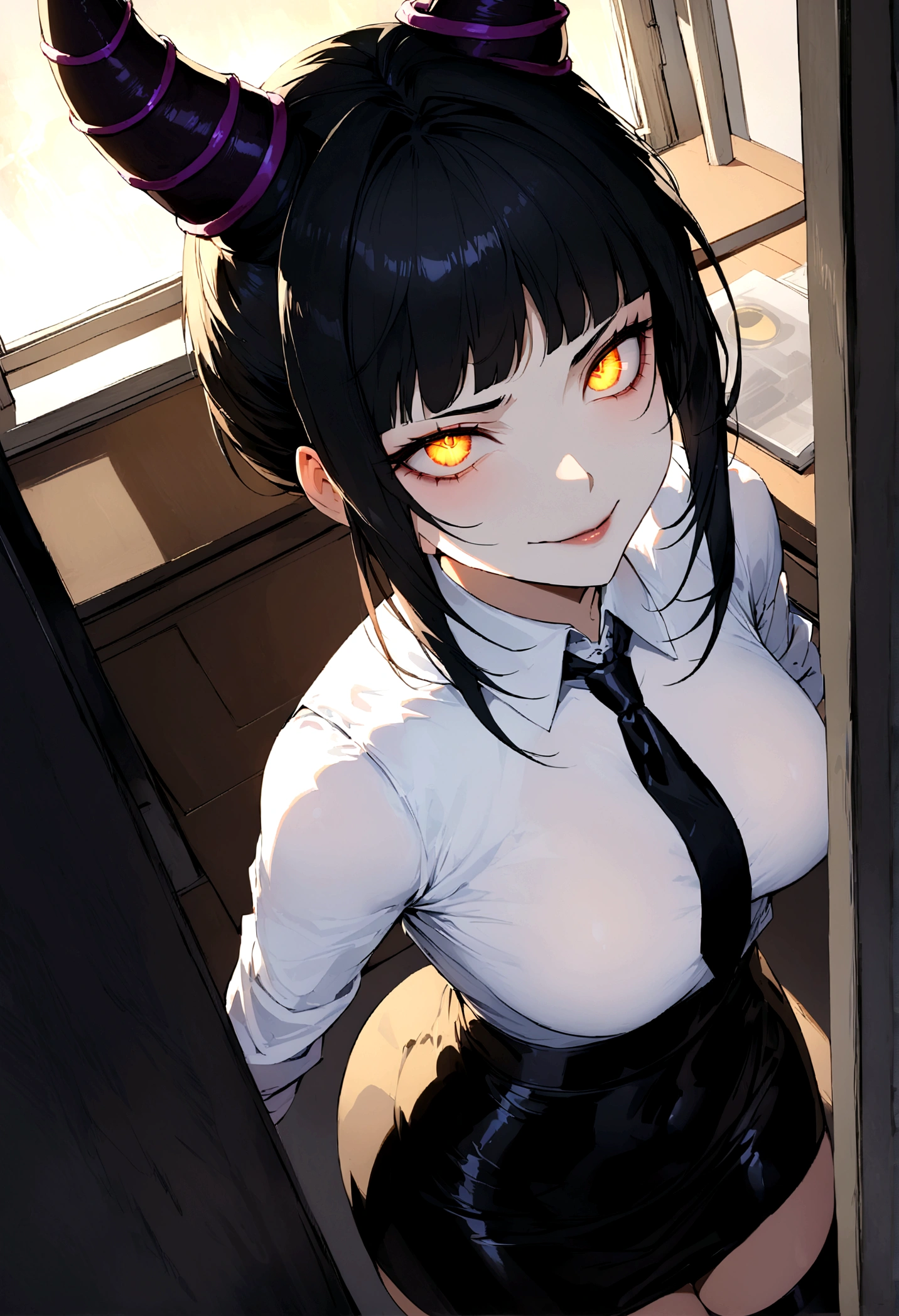 juri han, work of art, tight white secretary shirt with black tie, black high waist skirt, short skirt,stocking, black hair, black tightscary sun,office,bangs on the eyes,lighting,horn of hair,view from above,staring overhead,evil smile
