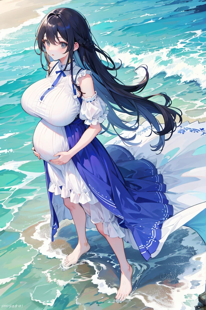 1 Girl，seaside、Dress，Long hair，Huge breasts，Pregnant