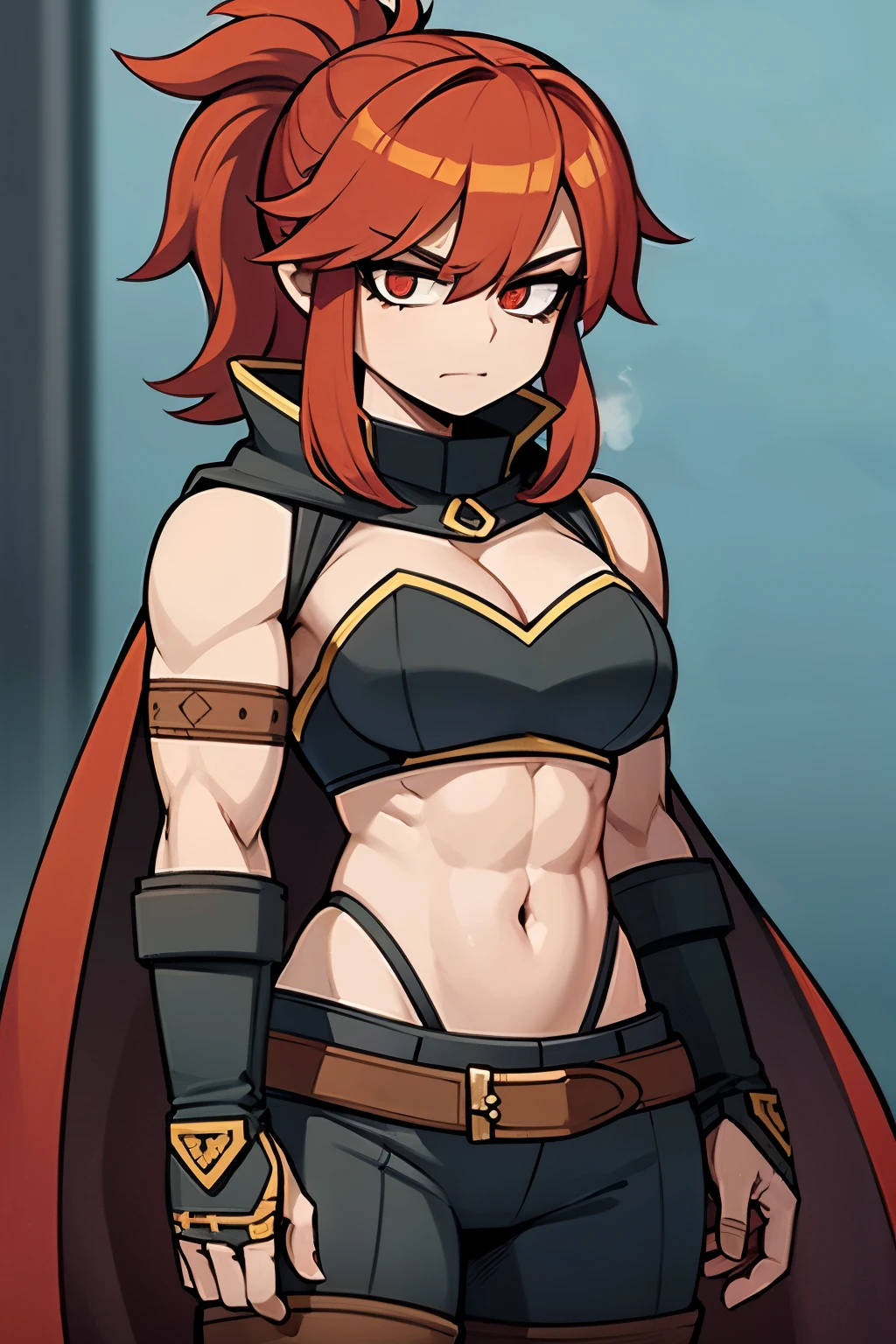 Full color 8k,Female savage,Muscular,Confident expression,Redhead ponytail,armor,Cape,Tap on the shoulder,arms