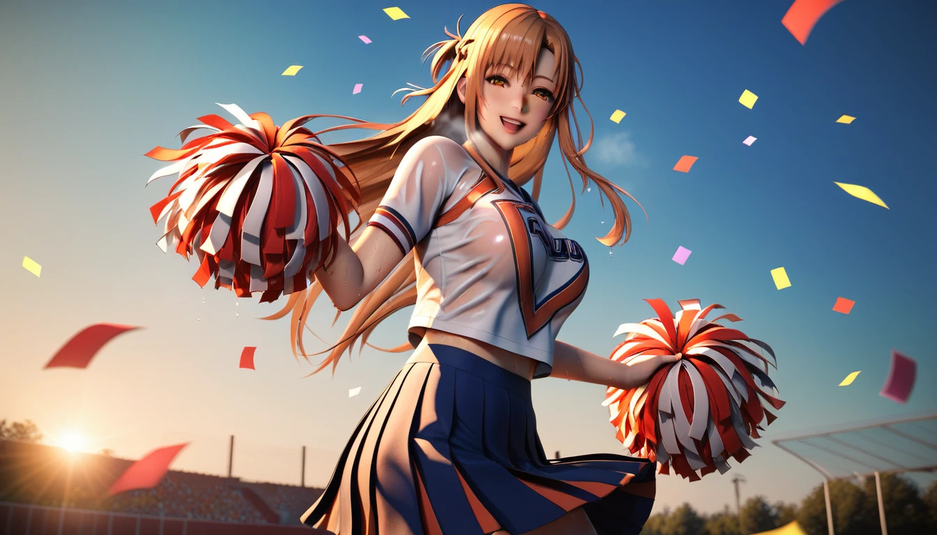 score_9, score_8_up, score_7_up, score_6_up, uncensored, Yuuki Asuna, absurdly long hair, orange eyes, orange hair, very long hair, lips, shiny skin, sweating, wet, wet hair, steaming body, heavy breathing, large breasts, detailed body, detailed eyes, seductive smile, upper teeth, happy,1girl, cheerleader, cowboy shot, pom pom \(cheerleading\), :d, pink clothing, masterpiece,best quality,highres,ultra-detailed, outdoors, dusk, confetti, pleated skirt, 3d,