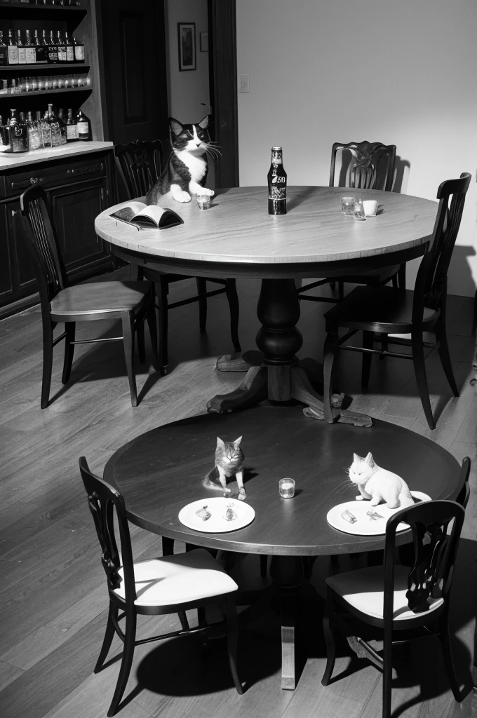 Black and white image of a round table where Cats inspired by the writers Kafka and Brothers Grimm drink German beer and Nietszche drinks cachaça