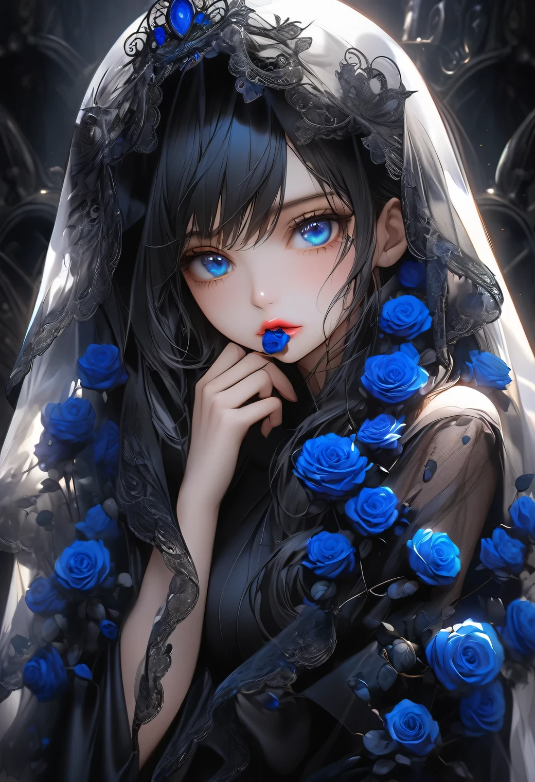 dramatic angle, beautiful detailed eyes, beautiful detailed lips, extremely detailed eyes and face, longeyelashes, beautiful and cute young girl, a princess of the underworld, a gloomy expression, a downcast face, looking up, hand on mouth, white and black gradation hair, through bangs, flowing hair, a black race sheer veil adorned with blue-black roses, an exquisitely beautiful black dress adorned with blue-black roses, a gloomy underworld background, (highest quality,16k,highres,masterpiece:1.2),ultra-detailed,(ultra-realistic,photo-realistic:1.37),HDR,UHD,studio lighting,ultra-fine painting,sharp focus,physically-based rendering,extreme detail description,professional,vivid colors,dark gothic,dramatic lighting,chiaroscuro,mysterious,melancholy,somber,surreal,fantasy