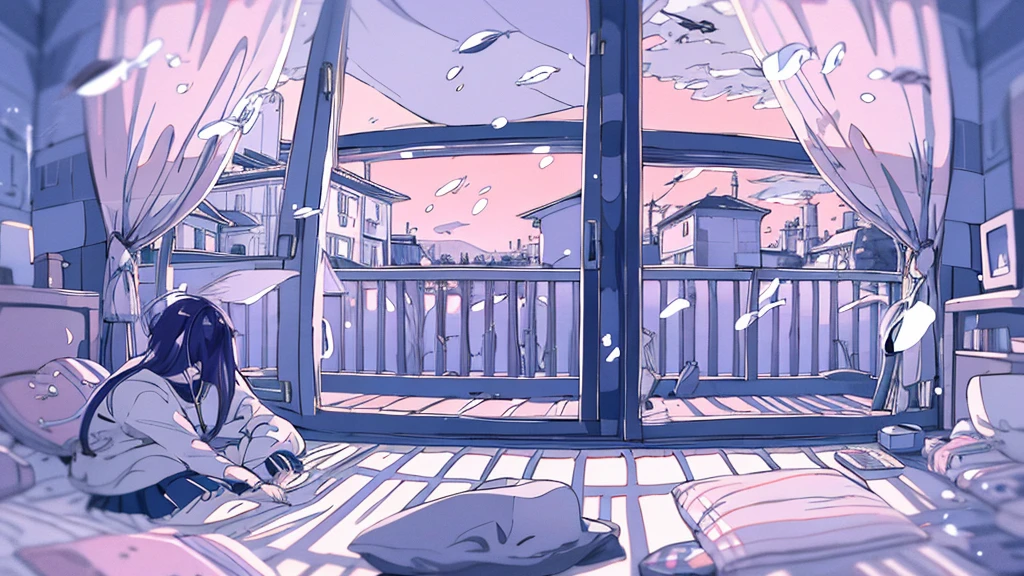 Detailed anime girls, clad in large sweaters, don headband headphones, basking in the praises of admirers. The quiet ambiance, enveloped in a tranquil atmosphere, contrasts the sudden exclamation of "That's horrible!" as she gazes out of her bedroom window into the stillness of the night. A feline companion perched beside her completes this masterpiece of the highest quality.