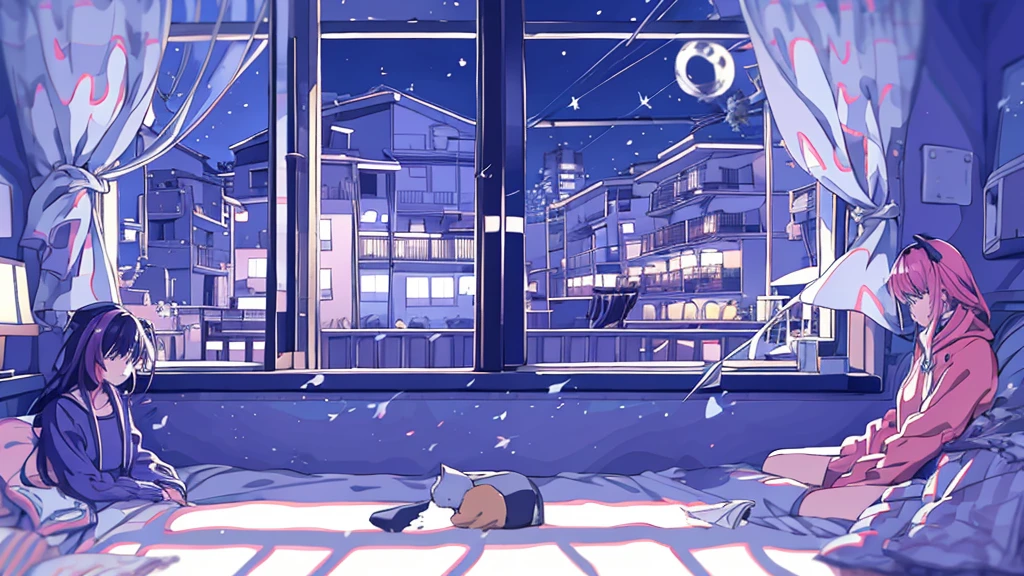 Detailed anime girls, clad in large sweaters, don headband headphones, basking in the praises of admirers. The quiet ambiance, enveloped in a tranquil atmosphere, contrasts the sudden exclamation of "That's horrible!" as she gazes out of her bedroom window into the stillness of the night. A feline companion perched beside her completes this masterpiece of the highest quality.