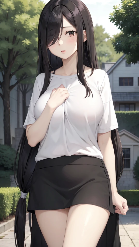 Cute mommy, mature women, realistic skin,perfect ,black hair, long hair, (hair over one eye:1.4), messy hair, hair between eyes, oversize shirt,pink mini skirt, chubby,plump,fat,pucker lips,cute shy blush on,garden, under tree,night