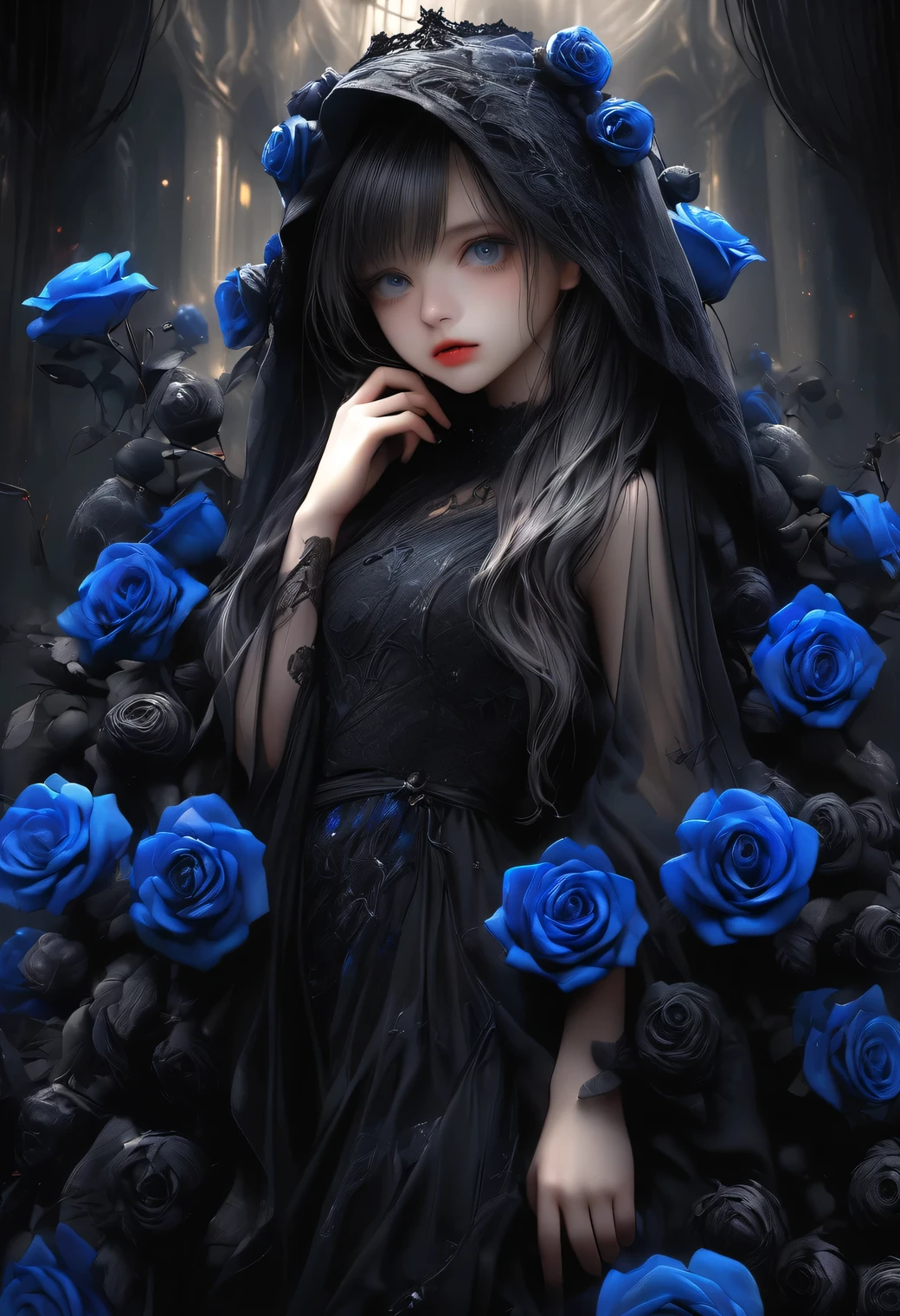 full-body view, dramatic angle, beautiful detailed eyes, beautiful detailed lips, extremely detailed eyes and face, longeyelashes, beautiful and cute young girl, a princess of the underworld, a gloomy expression, a downcast face, looking up, hand on mouth, white and black gradation hair, through bangs, flowing hair, a black race sheer veil adorned with blue-black roses, an exquisitely beautiful black dress adorned with blue-black roses, a gloomy underworld background, (highest quality,16k,highres,masterpiece:1.2),ultra-detailed,(ultra-realistic,photo-realistic:1.37),HDR,UHD,studio lighting,ultra-fine painting,sharp focus,physically-based rendering,extreme detail description,professional,vivid colors,dark gothic,dramatic lighting,chiaroscuro,mysterious,melancholy,somber,surreal,fantasy