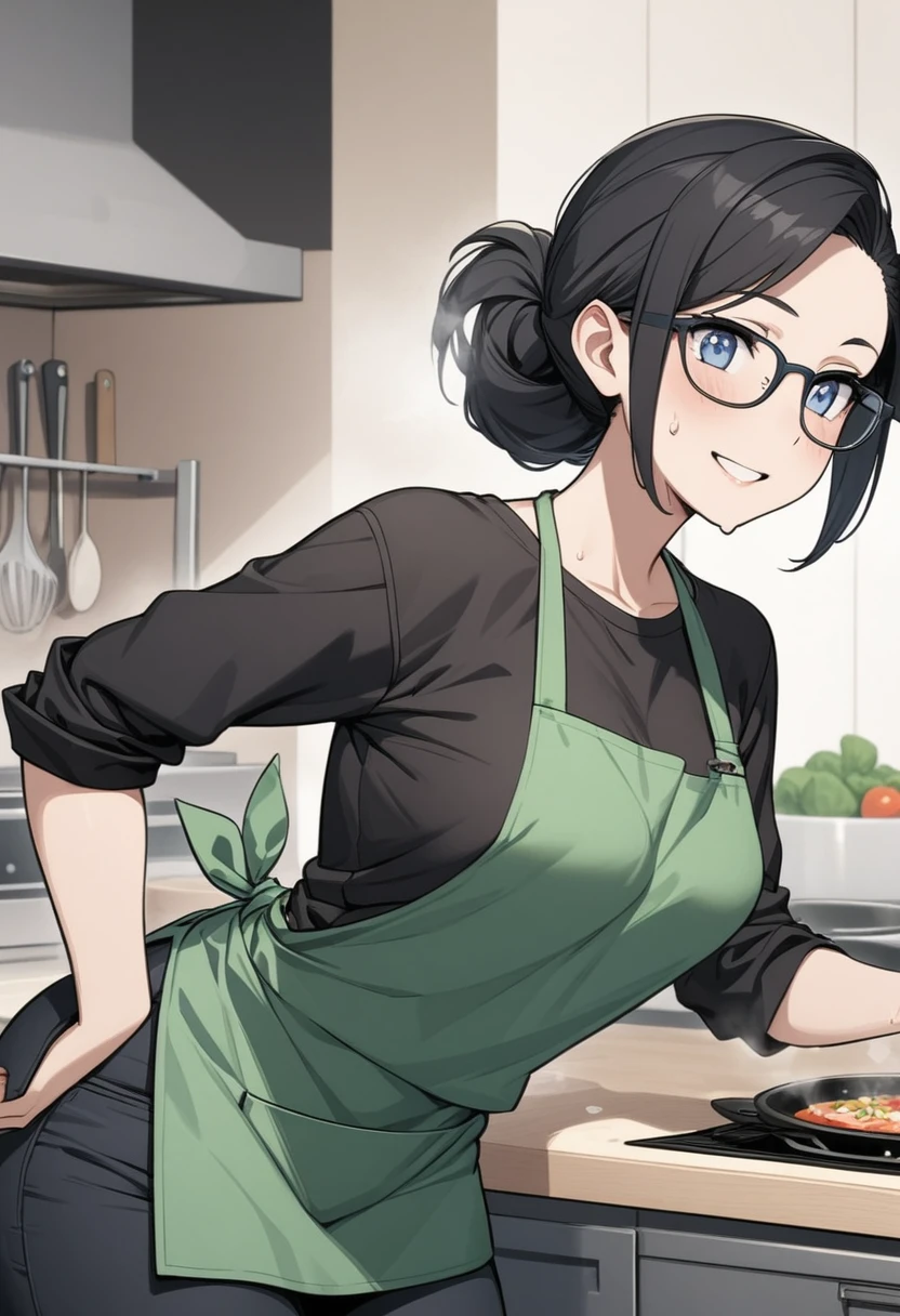 Adult female, highly detailed, glasses, short black hair wolf cut style tied back, blue eyes, smile, kitchen, green apron,  black shirt, black jeans, perfect eyes, high quality, best quality, cooking, happy, sweat