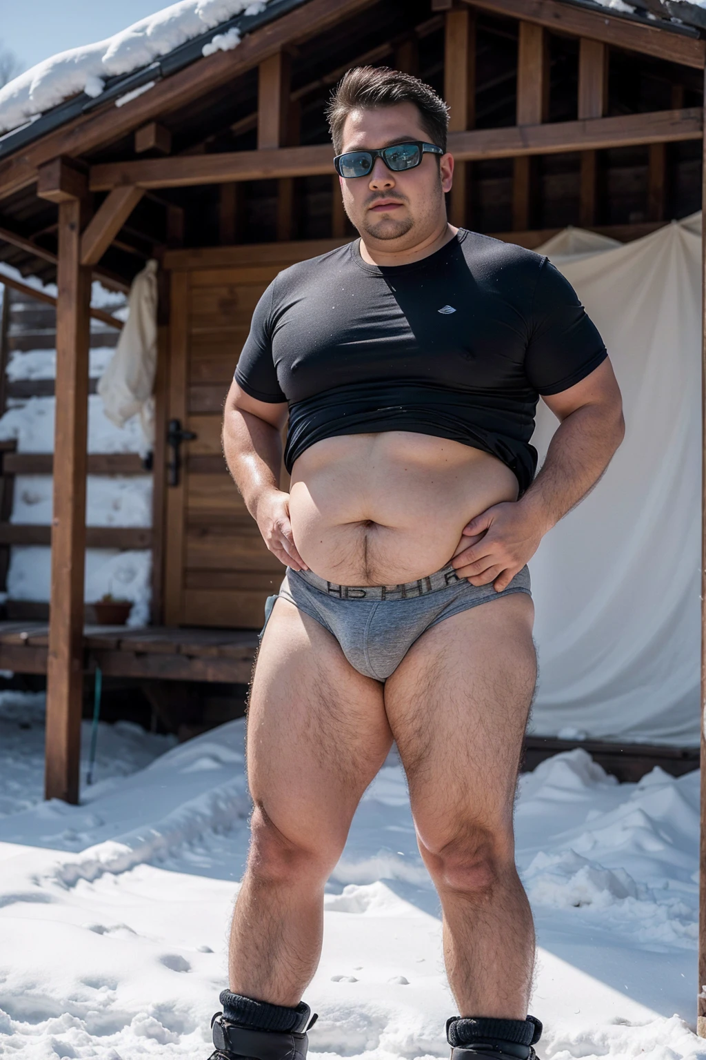 Draw a chubby man,Stand in front of a hut in the snow。Goggles are worn on the forehead,Wear a tight Calvin Klein men's underwear and curved legs.,The clothes are open to reveal the belly,Chubby 18 year old boy,The crotch protrudes,pupils,prominent pubis,Shy,The crotch protrudes,Protruding pubis,The crotch is raised,(Best quality, 8k, Masterpiece).,highest detail, superior quality, natural lighting,Fujifilm XT3 photorealistic art by midjourney