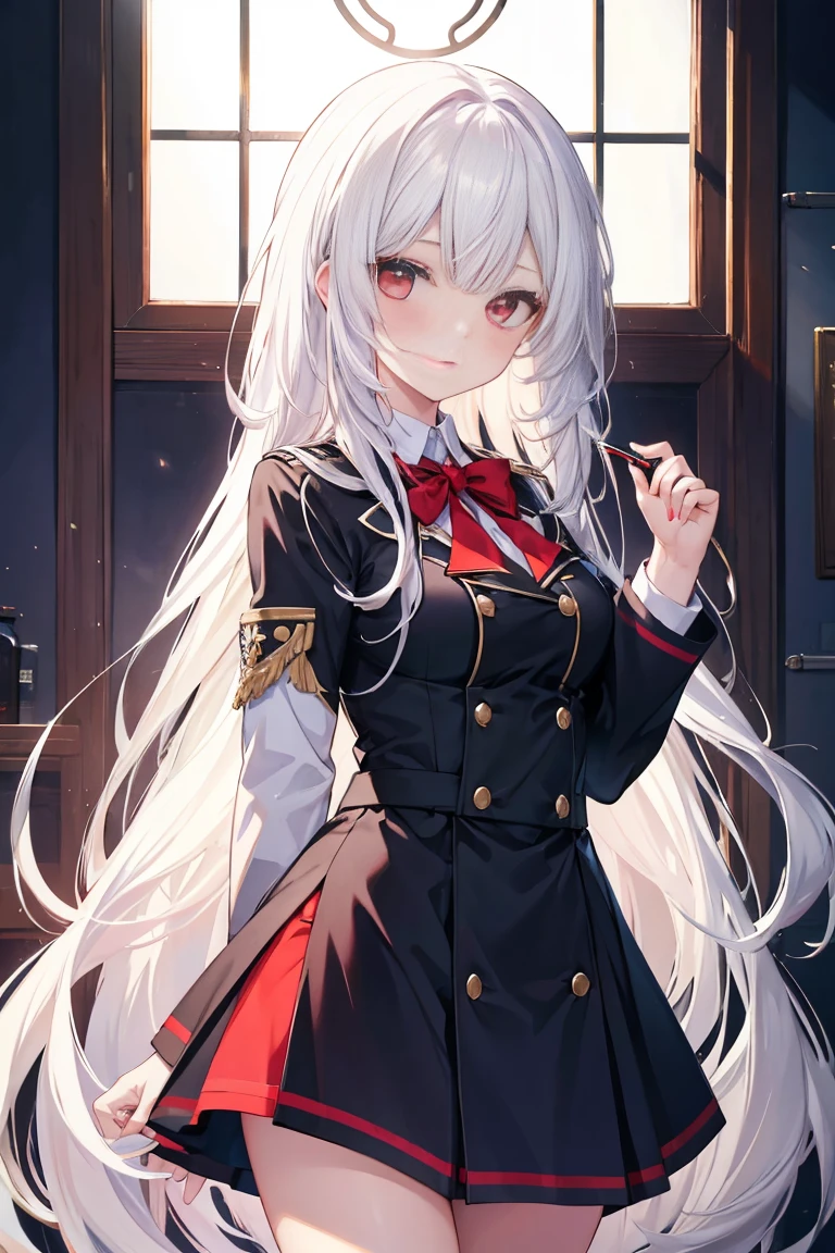 Best quality, masterpiece, 1 girl, academy magic uniform, white hair, long hair, red eyes, beuty, best girl
