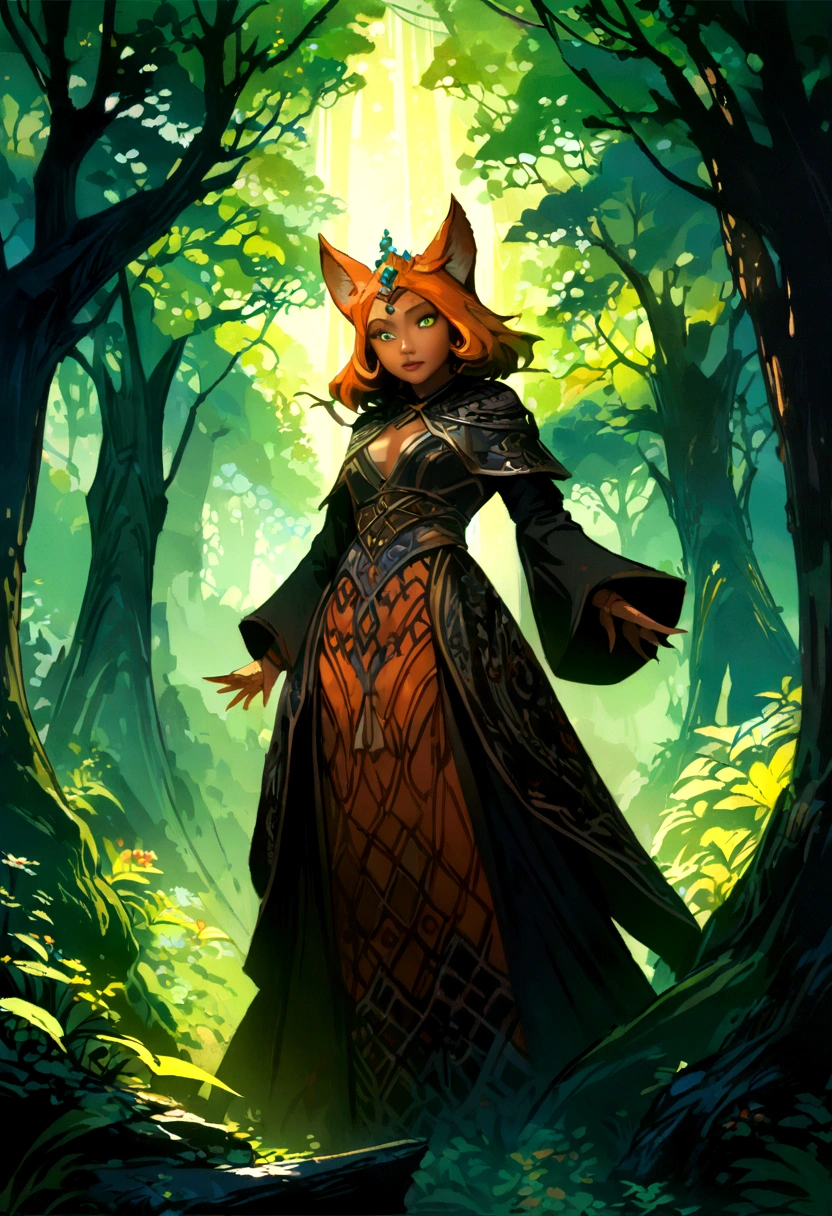 a Tabaxi sorceress with orange fur, beautiful detailed eyes, beautiful detailed lips, extremely detailed face and features, flowing red mage's robes, intricate embroidered patterns, glowing magical energy, fantasy forest background, sunlight filtering through trees, cinematic lighting, high fantasy, concept art style, digital painting, (best quality, 4k, highres, masterpiece:1.2)