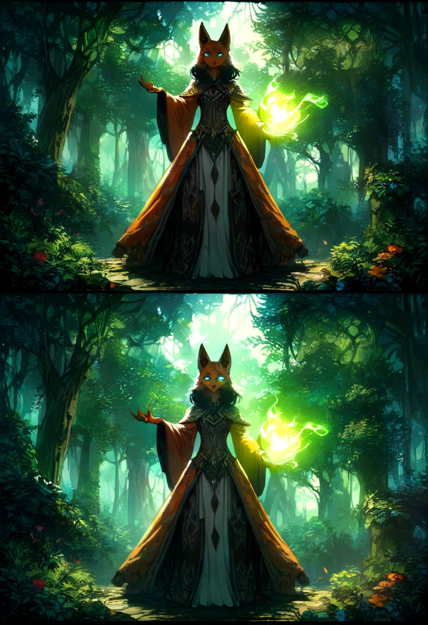 a Tabaxi sorceress with orange fur, beautiful detailed eyes, beautiful detailed lips, extremely detailed face and features, flowing red mage's robes, intricate embroidered patterns, glowing magical energy, fantasy forest background, sunlight filtering through trees, cinematic lighting, high fantasy, concept art style, digital painting, (best quality, 4k, highres, masterpiece:1.2)