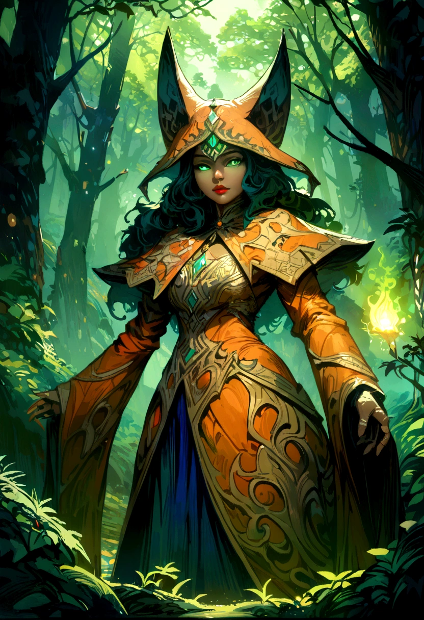 a Tabaxi sorceress with orange fur, beautiful detailed eyes, beautiful detailed lips, extremely detailed face and features, flowing red mage's robes, intricate embroidered patterns, glowing magical energy, fantasy forest background, sunlight filtering through trees, cinematic lighting, high fantasy, concept art style, digital painting, (best quality, 4k, highres, masterpiece:1.2)