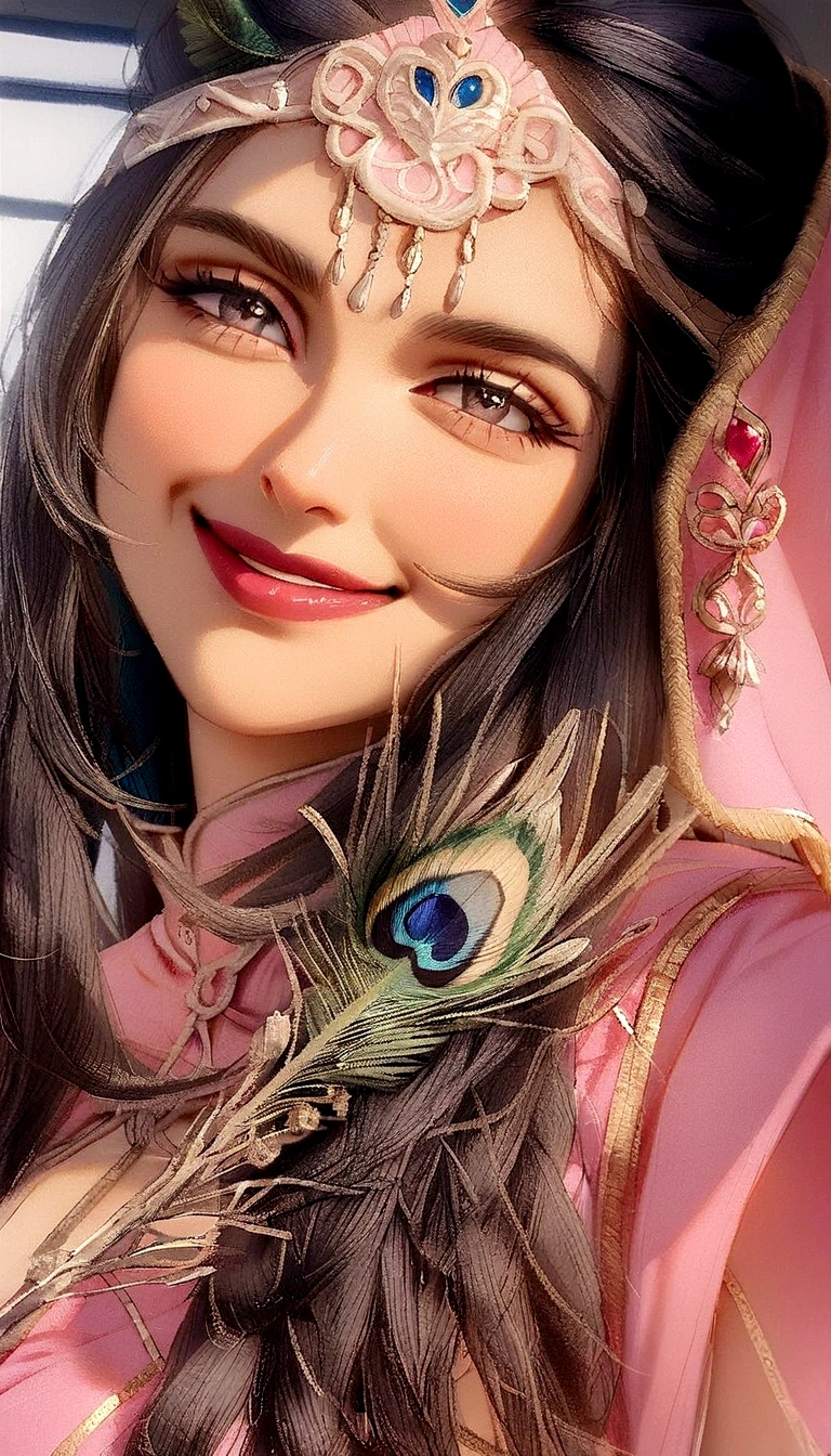 a close up of a woman in a pink outfit with a peacock feather on her head, dramatic smile pose intricate, maya ali sorceress, with a beautifull smile, traditional beauty, maya ali as a wind sorceress, maya ali as a wind sorcerer, very extremely beautiful, candid picture, maya ali as d&d mage