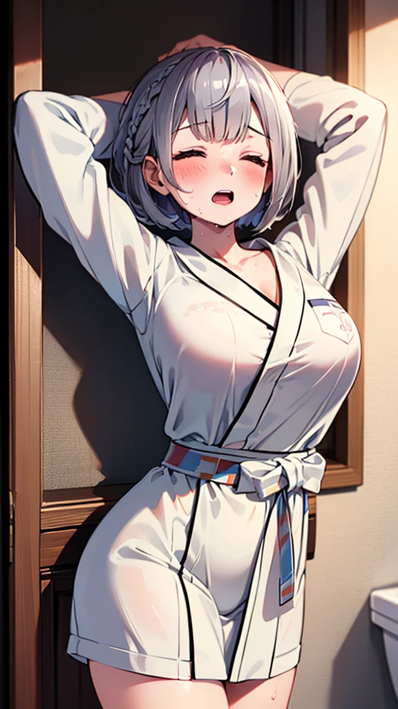 (sweat, blush, closed eyes, open mouth, sleeping, arms up,),bedroom, (masterpiece, best quality, ultra-highdetail), Silver braided short bob,1girl, cowboy shot, (bathrobe)