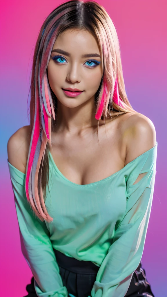 masterpiece, Highest quality, 4K, Realistic, Bokeh, Awareness-raising,1 perfect portrait of a girl, (A fascinating eye for perfect detail:1.2), Colorful Hair, (Gradient Hair), (Neon blue and pink soft long hair:1.6), (Cat ear:1.2), Fantasy Background, (Exposed bare shoulders), (Neon blue long sleeve), (Lean forward slightly), Tilt your head, Cinema Lighting, Larger clothes, (Seductive pose:1.4), (Neon blue and pink background:1.6), Beautiful Blue Eyes, close,