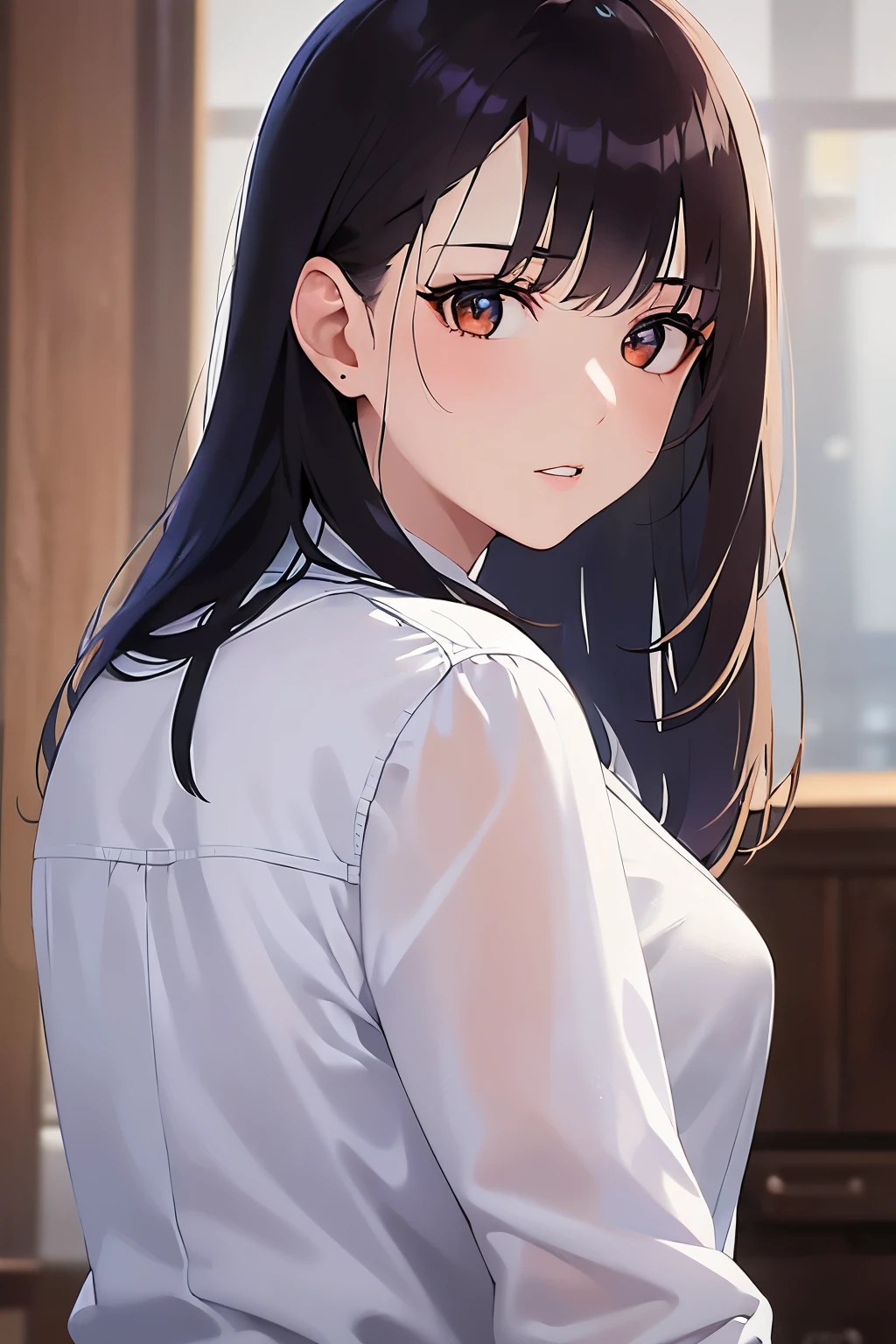 looking back,Upper Body, Realistic, real person, (pale skin: 1.2), RAW photo, photorealistic, shiny skin, shiny hair、 (A 35-year-old woman with medium-length hair and bangs) and (wavy hair) and (brown hair) and (Orange Eyes), (Wearing a business suit:1.5) and (Wearing a white collared shirt),expressionless,The background is the living room、Alone、Trying to leave the room