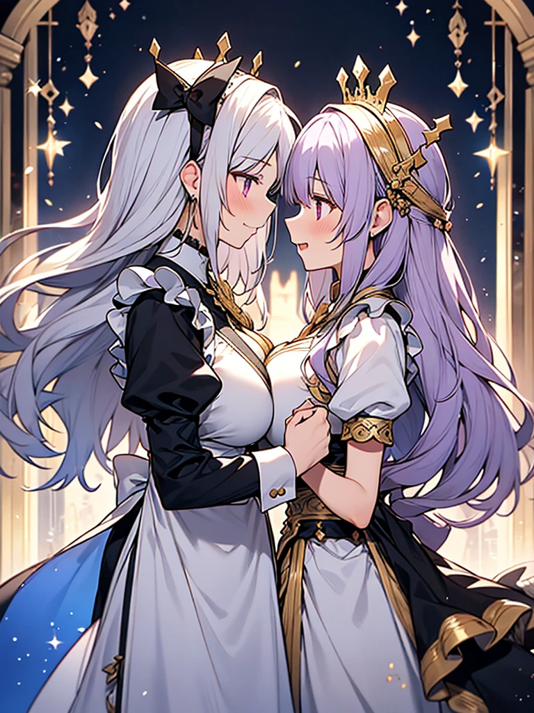 2people,face to face,from side,
 // 
1of2=Ishtar,goddess,silver hair,dress of gold and lapis lazuli with huge tits,
 // 
2of2=Ninshubur,maid uniform frilly headband,light purple hair,