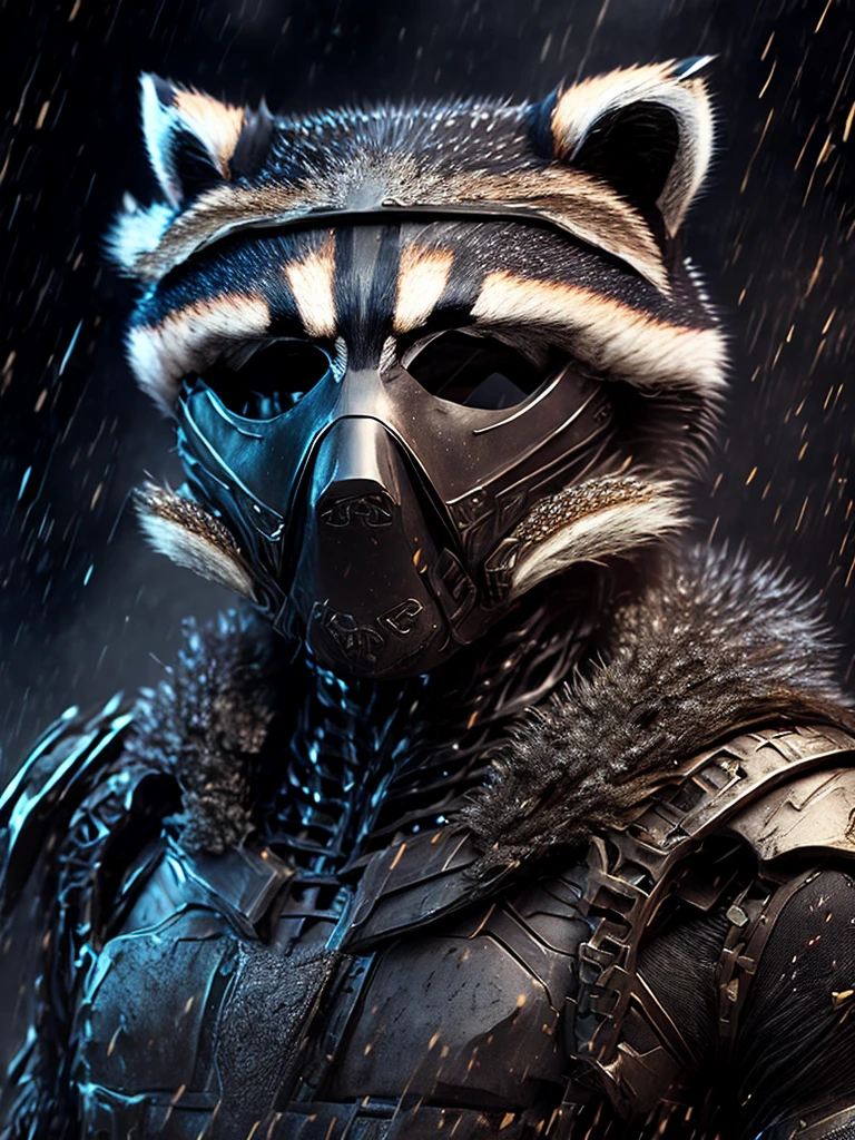 Close-up (Terminator Comedian from DC in Superhero style: 1.3) (raccoon mask:1.6), emerging from wet black mud, extremely detailed, smoke, sparks, plastic shavings, flying debris, volumetric light