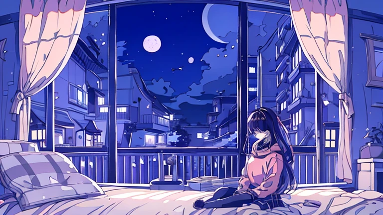 Detailed anime girls, clad in large sweaters, don headband headphones, basking in the praises of admirers. The quiet ambiance, enveloped in a tranquil atmosphere, contrasts the sudden exclamation of "That's horrible!" as she gazes out of her bedroom window into the stillness of the night. A feline companion perched beside her completes this masterpiece of the highest quality.