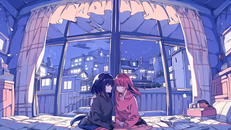Detailed anime girls, clad in large sweaters, don headband headphones, basking in the praises of admirers. The quiet ambiance, enveloped in a tranquil atmosphere, contrasts the sudden exclamation of "That's horrible!" as she gazes out of her bedroom window into the stillness of the night. A feline companion perched beside her completes this masterpiece of the highest quality.