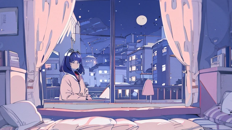 Detailed anime girls, clad in large sweaters, don headband headphones, basking in the praises of admirers. The quiet ambiance, enveloped in a tranquil atmosphere, contrasts the sudden exclamation of "That's horrible!" as she gazes out of her bedroom window into the stillness of the night. A feline companion perched beside her completes this masterpiece of the highest quality.
