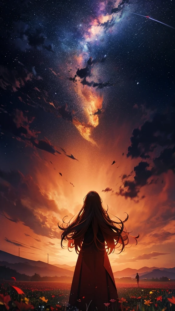 1people々々々々々々,Blonde long-haired woman,Red long coat, Dress Silhouette, Rear View,Space Sky, Flower Field,Colorful flowers
