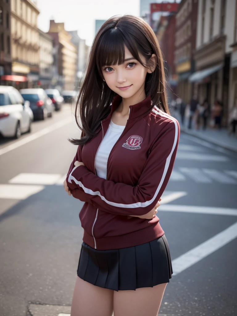 (8K, RAW Photos, Highest quality, masterpiece:1.2), (Realistic, photo-Realistic:1.4), (Highly detailed 8K wallpapers), ((Full Body Shot)), (1 girl), Sharp focus, Depth of written boundary, Cinematic lighting, Soft Light, 緻密な美しさのeye, eye_Chan, Very beautiful 17 year old girl, innocent big eyes, Realistic, photo Realistic, Highly detailed cute girl, (Thin thighs), (Model Body Type), 18-year-old, ((Wine Red Track Jacket)), (Black micro mini tight skirt), (((Fold your arms in front of your chest and act arrogantly))), ((A happy smile)), Parted lips, Watching the audience, (On the streets of New York) , (Brown Hair),(Long Bob Hair), (Asymmetrical bangs)