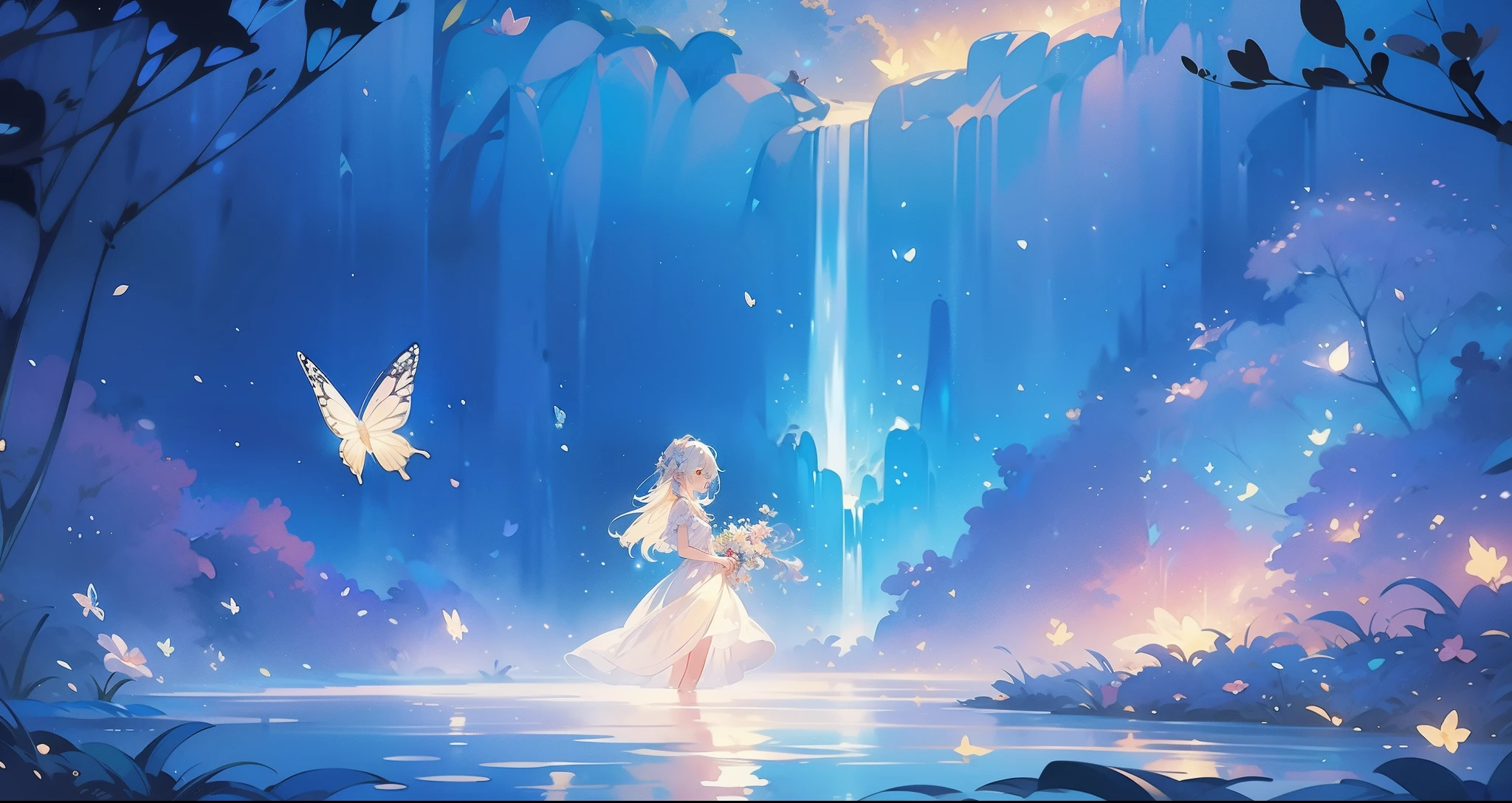 glowing fairies, beautiful girl in a sparkling delicate white dress, glowing lights, fireflies, glowing butterflies, Fairytale Creatures, watercolor illustration, bright pastel colors, Dreamy, Colorful, bizarre, magic, masterpiece, Best quality, sharp focus, intricately detailed environment, small parts, permission 8k, waterfall lagoon, (magic lagoon), (waterfall, lake), 