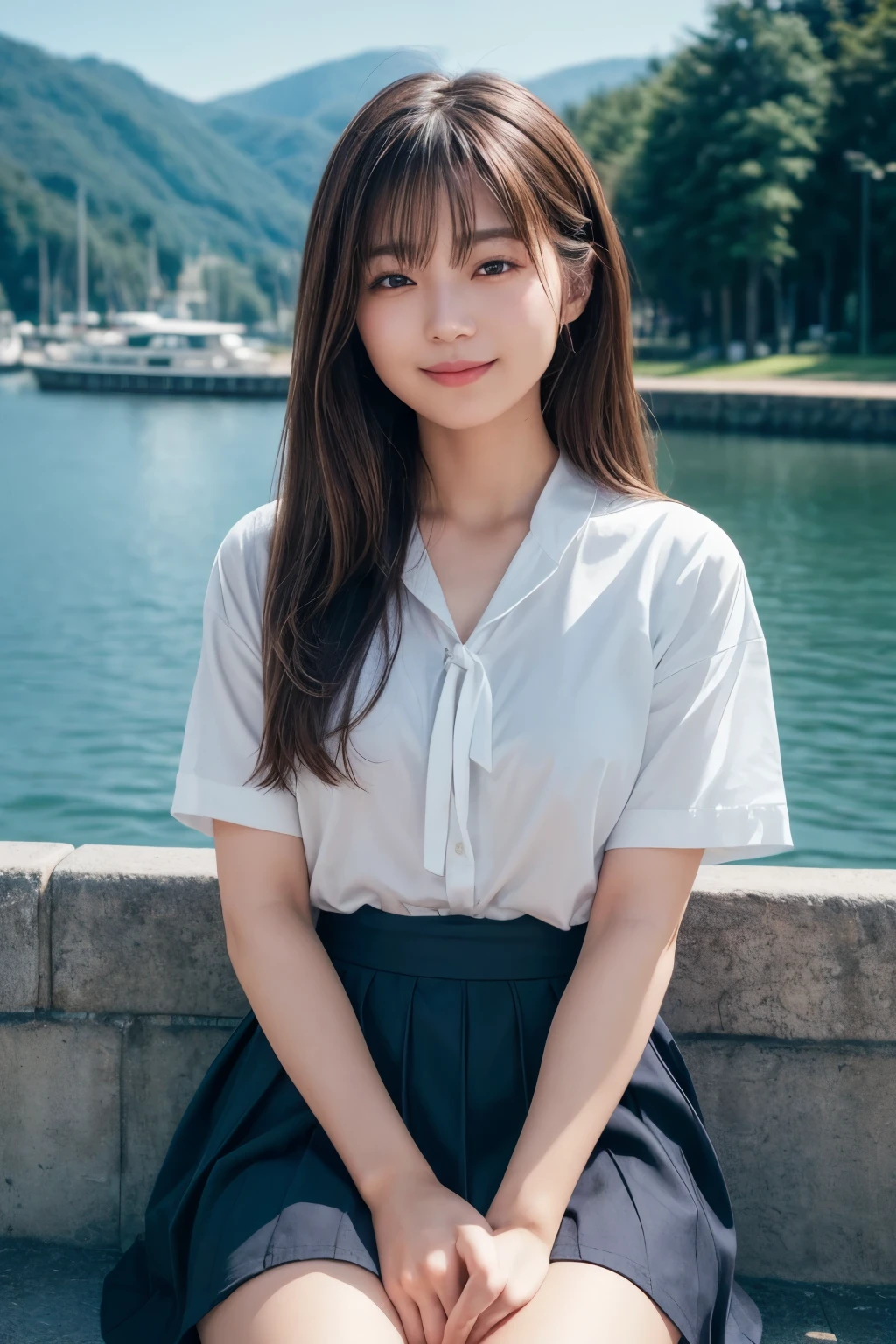 Tied up woman、(((Put your hands behind your back、Cross your wrists)))、(Tie your wrists with a rope)、Beauty、Well-formed face、Shiny long black hair、Even out the eyes、On the banks of Lake Kawaguchi、Please show me your whole body、White short sleeve shirt、Navy Semi-Long Skirt、Panty lines、Wear pumps、Sitting、Age 25、Medium、Like a real photo、Highest quality, Light brown hair, Straight hair, Shiny Hair, Part your lips, Captivating smile, Surrealism, Hyperrealism, Verism, Cinema Lighting, tachi-e, First Person View, Nikon, 超High resolution, Anatomically correct hand, Highest quality, High resolution, 8K,