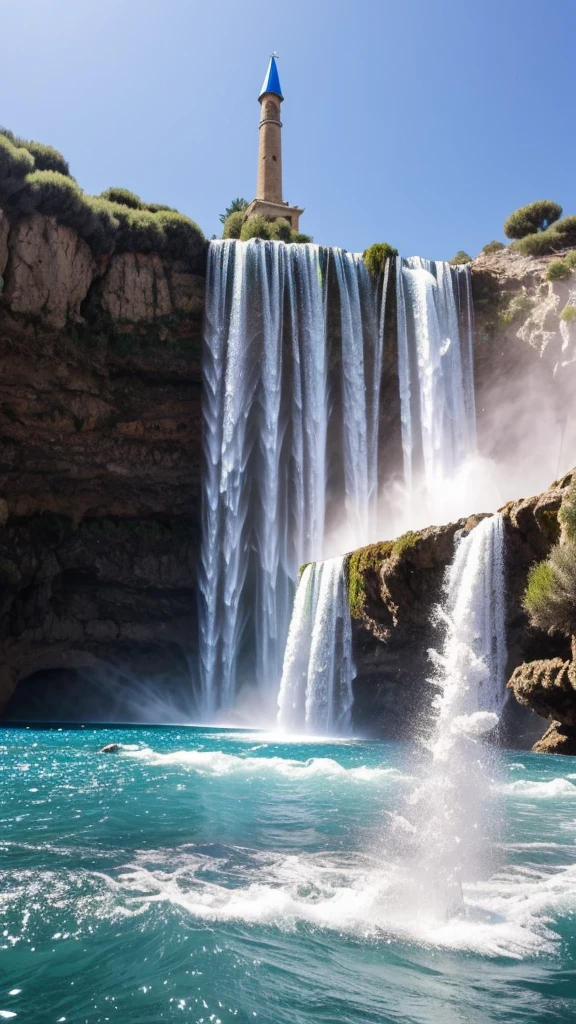 Une casquade d'eau bleu azur avec un arc en ciel au dessu et une licorne de foudre sur la cascade