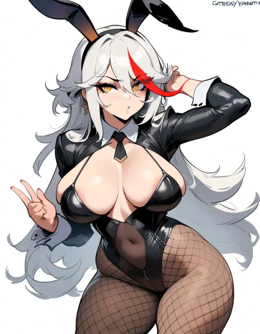 1girl, aegir \(azur lane\), azur lane \\\\\ masterpiece, best quality, very aesthetic, absurdres, newest \\\\\\ sportive body,  \\\\\\ by nyantcha,,by cutesexyrobutts,by khyle ///// white hair with a single prominent red streak, black horns, yellow eyes, \\\\\\ bunnysuit without bunny ears,white background,standing, fishnet pantyhose,