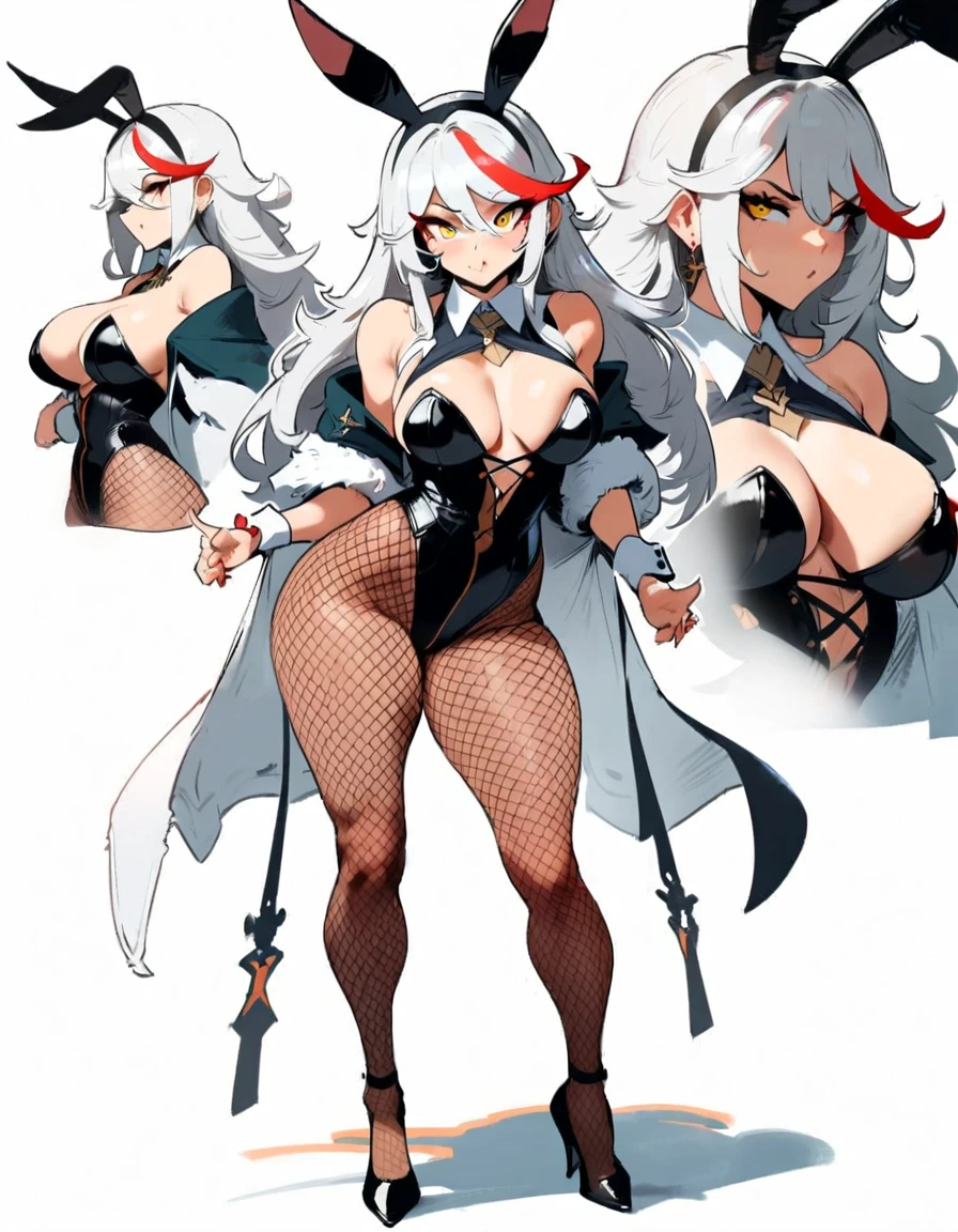 1girl, aegir \(azur lane\), azur lane \\\\\ masterpiece, best quality, very aesthetic, absurdres, newest \\\\\\ sportive body, \\\\\\ by nyantcha,,by cutesexyrobutts,by khyle ///// white hair with a single prominent red streak, black horns, yellow eyes, \\\\\\ bunnysuit without bunny ears,white background,standing, fishnet pantyhose, concept art