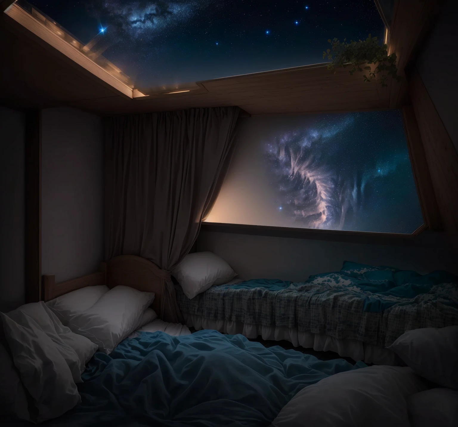 Aerial view of bedroom，There is a bed and the night sky, dream like atmosphere 8k, The outside space seen from the window, Night under the stars, moonlit starry sky environment, Bedroom Background, Galactic environment, Dream Night, Night scenery, Night Rendering, In the bedroom, Sea view, Magical dreamy atmosphere