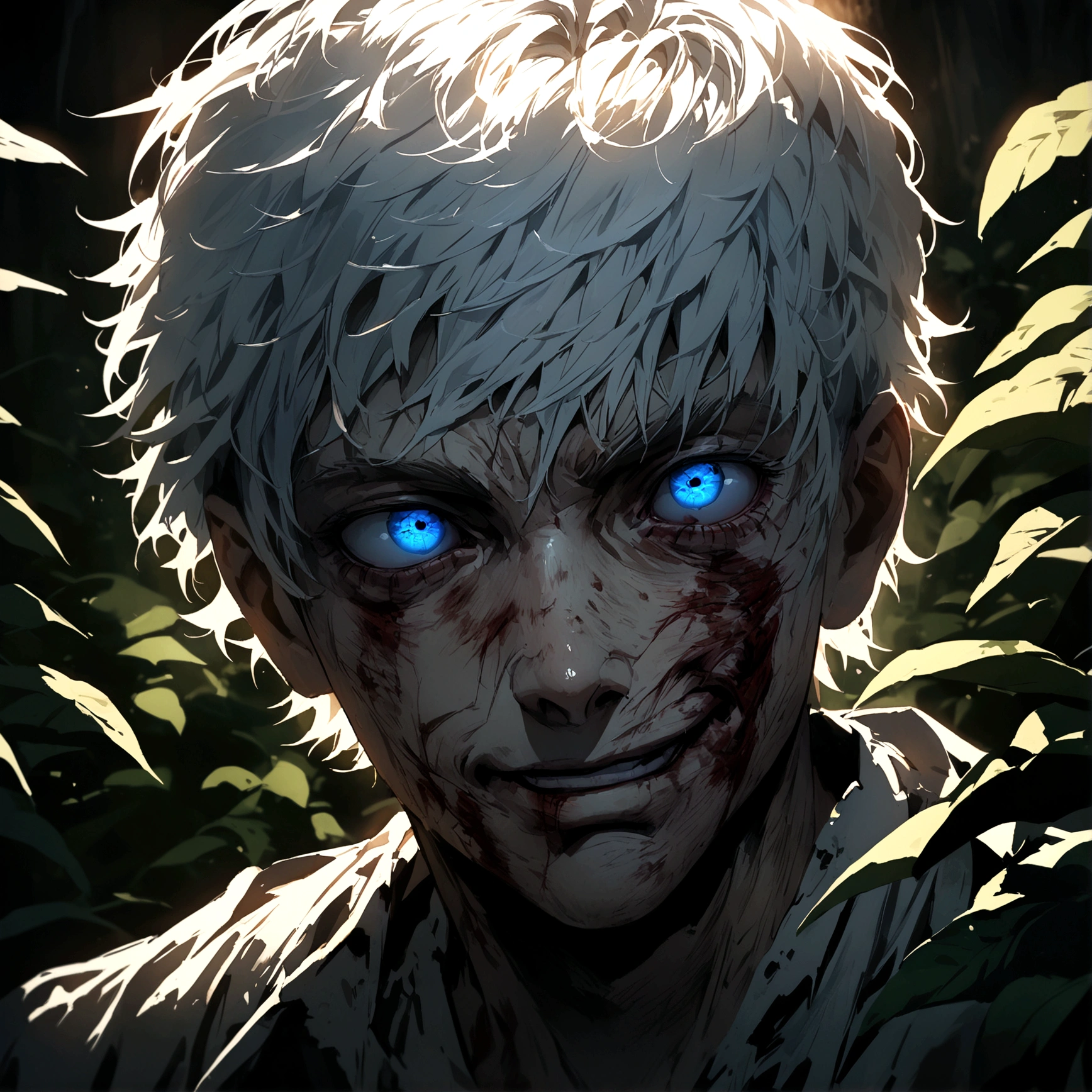 Child male with very white hair screaming with bright eyes in the middle of the forest, at night, with a bright aura and rays around him, full moon in the sky, Realistic, Full HD, Best Quality.
