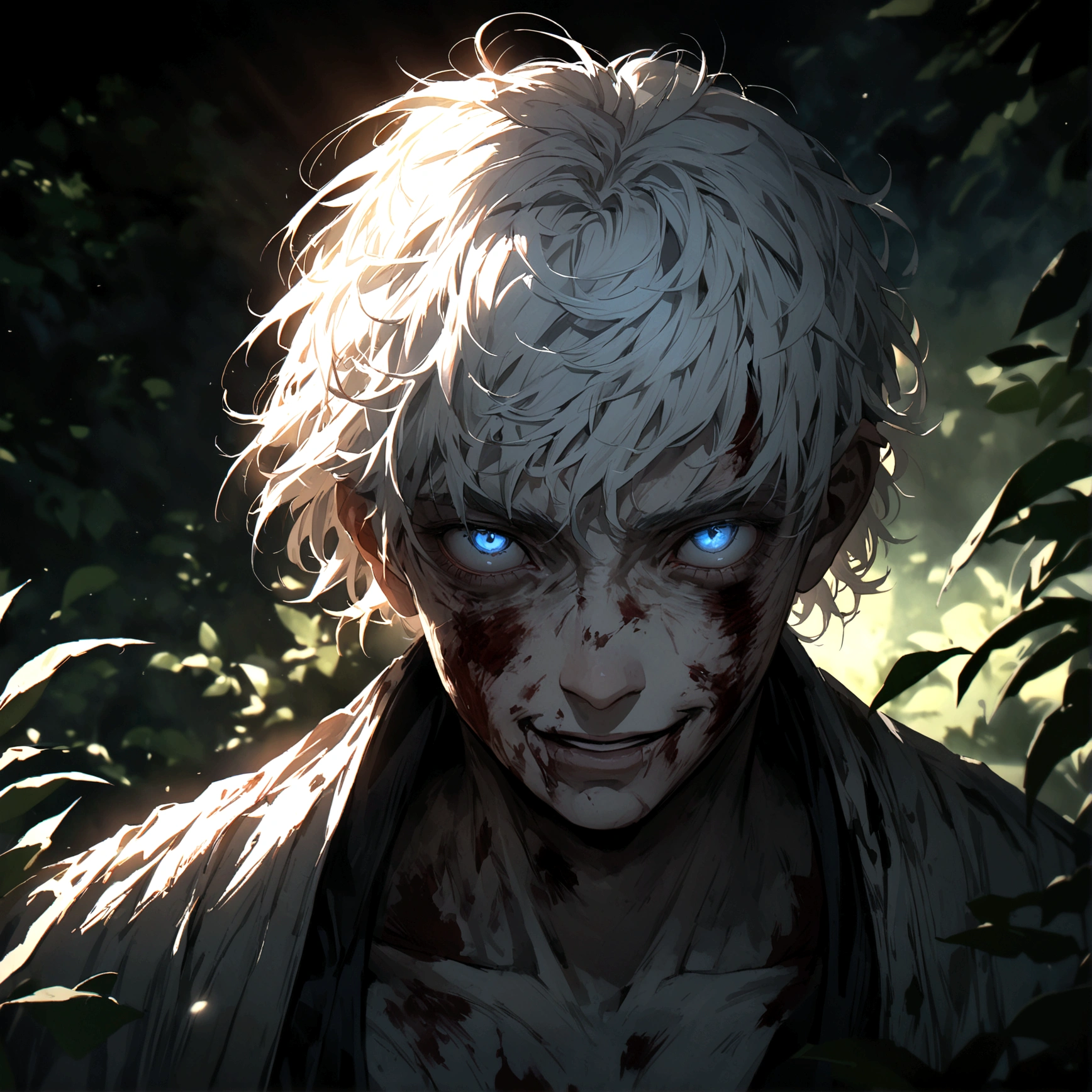 A highly detailed closeup shot of an injured guy with a bloodied face and striking blue eyes, white hair, looking directly into the camera with a sinister, evil smile. The background is a blurred, peaceful nature scene with lush greenery and gentle sunlight, emphasizing his intense expression and the severity of his injuries. Created Using: intricate shading techniques, hyper-realistic textures, dramatic lighting, cinematic effect, hd quality