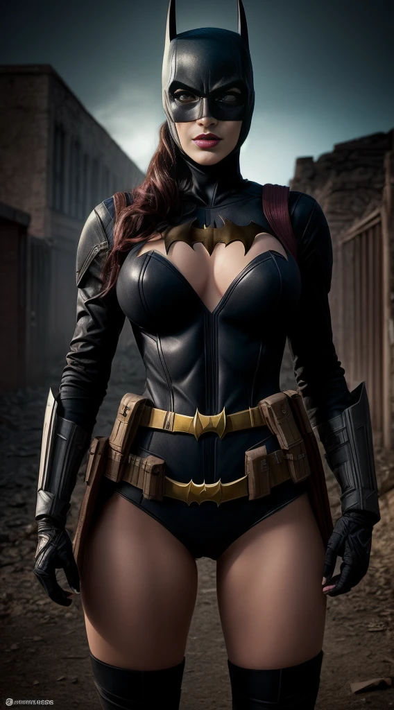 Batgirl enormous breasts Comics vestindo um uniforme apertado com uma capa preta em um beco escuro e sinistro sob uma luz de rua fraca, (Sensual pose with hands on waist), (Noite chuvosa com nevoeiro), Batgirl, Bodysuit, corpo tonificado, quadris largos, Allan Moreira, DC Quadrinhos, gothic scenario, Cidade de Gottam. Batgirl is awe-inspiring in an abandoned haunted lost city. fora, highlights your muscles and scars. The scenery is lush and mysterious, com cidade escura e arredores. The camera details everything. ((COSPLAY COMPLETO DE BATGIRL DA DC COMICS)).
