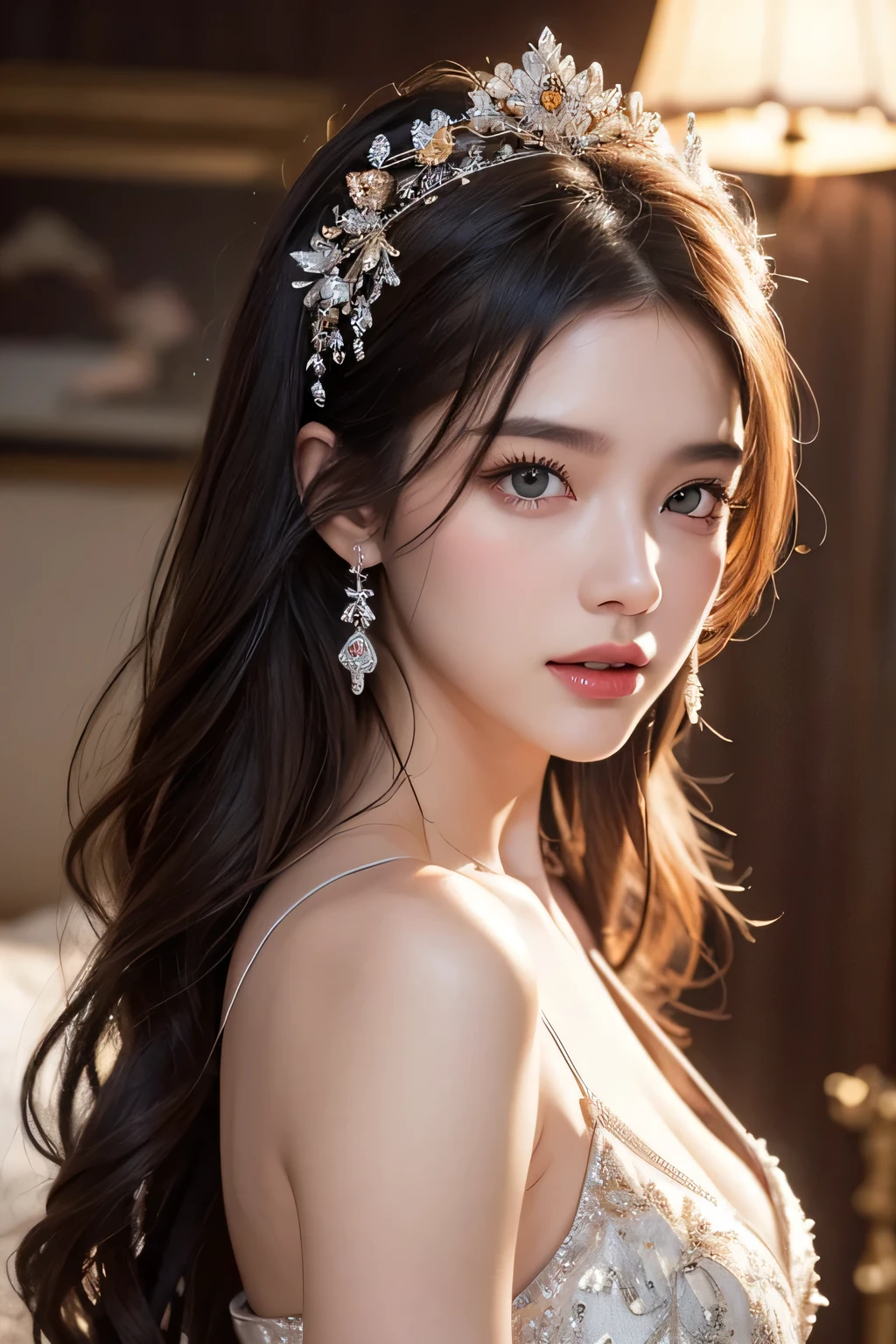 High-quality work，Realistic works，Super premium graphics，8K HD CG works，high quality graphics，High-definition and exquisite CG works，10x pixels，Ultra-fine details：1.1，Advanced technical details：1.1Realistic photo effects，Interior lighting effects：1.5，natural soft light：1.5. Light effect（Virtual light effects：1.8），ultra high resolution，shining dress，sliver long hair，silber hair，transparenthair，high detailed hair（Quality hair details：1.1）Clear eyes，Double eyelids look good，Sharp eye makeup, Create exquisite eyelash makeup, tthin eyebrows, Ultra-detailed eyes，a tall nose, lovely red lips, rosey cheeks, With delicate makeup on her face , pretty face, The face shape is perfectly proportioned,（Advanced facial details：1.1） Abstract Expressionism Abstract Beauty,Center,(eyes looking at camera:1.5),Nearly perfect,Dynamic,moonlight,Very detailed,number,Art Station,concept art,Smooth,Sharp focus,illustration, Vibrant brushwork, Bold Colors, ruffle form, expressive, emotion, official art,Unity 8K wallpaper,Ultra Detailed,Beautiful and beautiful,masterpiece,best quality,(zendispute, Mandala, dispute, endispute),(Fractal Art:1.3),1 Girl,Extremely detailed,(laugh:1.3)，Dynamic angle,Cowboy shooting,Chaos in its most beautiful form,elegant,Sexy,bright colors,，Women's artwork，Dress full body video，Realism，Amazing Cleavage，My eyes are very bright today
