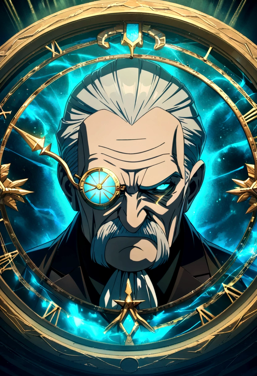 Portrait of an old angry godfather with a monocle, glowing grumpy eyes, young angry body, portrait of a man, in the background is turquoise time magic, magical clock effects, divine, best quality, ultra-high resolution, 4K detailed CG, masterpiece, aesthetic, centered on the screen