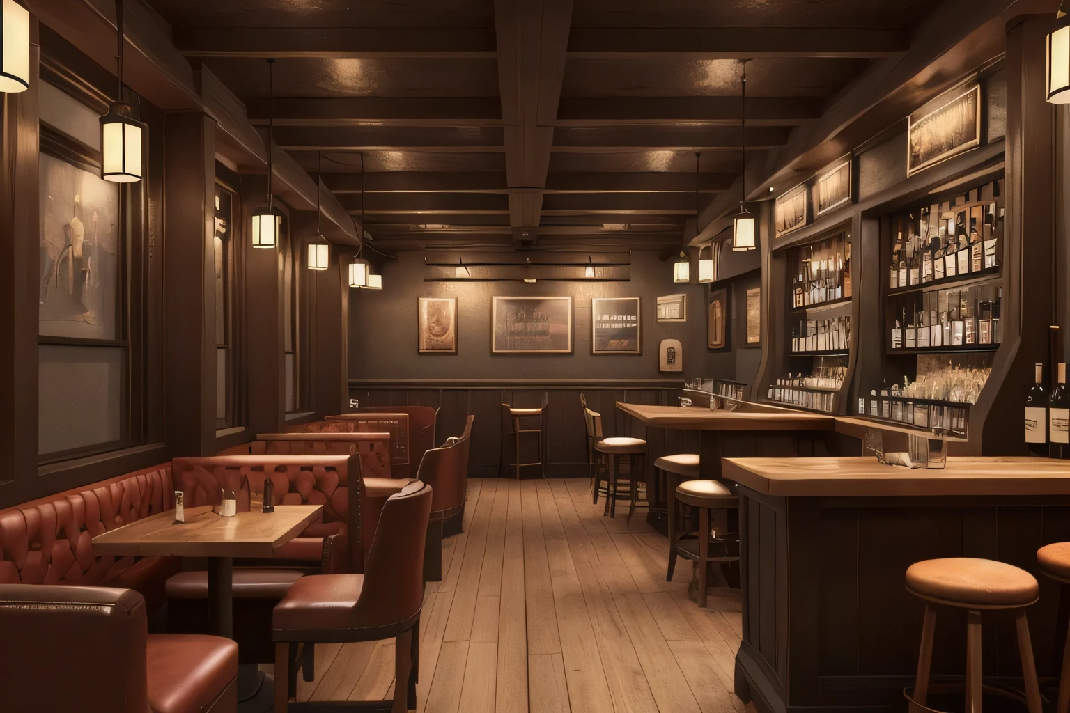 pub, tavern, warm, night, moody, dreamy, pub booths, interior, homely, masterpiece, best render, high res, best resolution, 4k, 8k, super great render, ((stylised)), great colors, bright colors, saturated colors