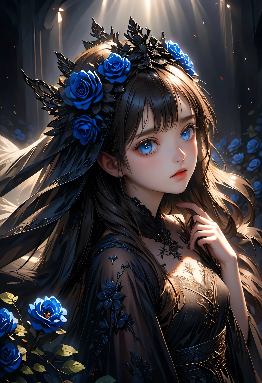 dramatic angle, beautiful detailed eyes, beautiful detailed lips, extremely detailed eyes and face, longeyelashes, beautiful and cute young girl, a princess of the underworld, a gloomy expression, a downcast face, looking up, hand on mouth, white and black gradation hair, through bangs, flowing hair, a black race sheer veil adorned with blue-black roses, an exquisitely beautiful black dress adorned with blue-black roses, a gloomy underworld background, (highest quality,16k,highres,masterpiece:1.2),ultra-detailed,(ultra-realistic,photo-realistic:1.37),HDR,UHD,studio lighting,ultra-fine painting,sharp focus,physically-based rendering,extreme detail description,professional,vivid colors,dark gothic,dramatic lighting,chiaroscuro,mysterious,melancholy,somber,surreal,fantasy