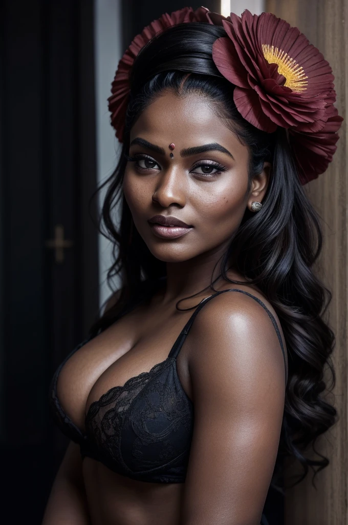 Extremely gorgeous, beautiful round face, beautiful black lady, sexy lady, curvy, curvy beauty, shoot for a famous cosmetics brand, shoot for top health magazine cover Page, bold photoshoot, bold looks, body positivity, dark skin, stunning beauty, ravishing, spicy hot, sizzling hot, sensual shoot, artistic sensual photograpy, thick figure, curvy, Thick navel, sexy tempting lady, sexy navel folds, fleshy figure, woman with a flower in her hair and a flower in her hair, closeup portrait shot, movie stills photography, traditional beauty, body sweat, glistening skin, skin texture, skin pores, traditional clothes , traditional female hairstyles, pretty face!!, shot on sony alpha dslr-a300, indian woman with brown skin, indian goddess, traditional makeup, movie stills, actress, close - up portrait shot, detailed portrait shot, ultra HD, hyper realistic, hyper realistic skin, High level professional photography, insane details, freckles 0.1, beautymarks, real photograph, add every possible elements to make the photo as real photograph, shiny skin, glossy skin, dramatic lighting,