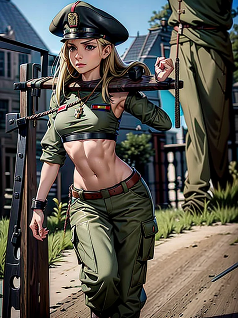 Women in crop top soldier uniform, soldier hat, medal on the chest, exposed abdomen area, very low waist cargo pants, navel, 45 years-old, high ranking , (((pillory))),