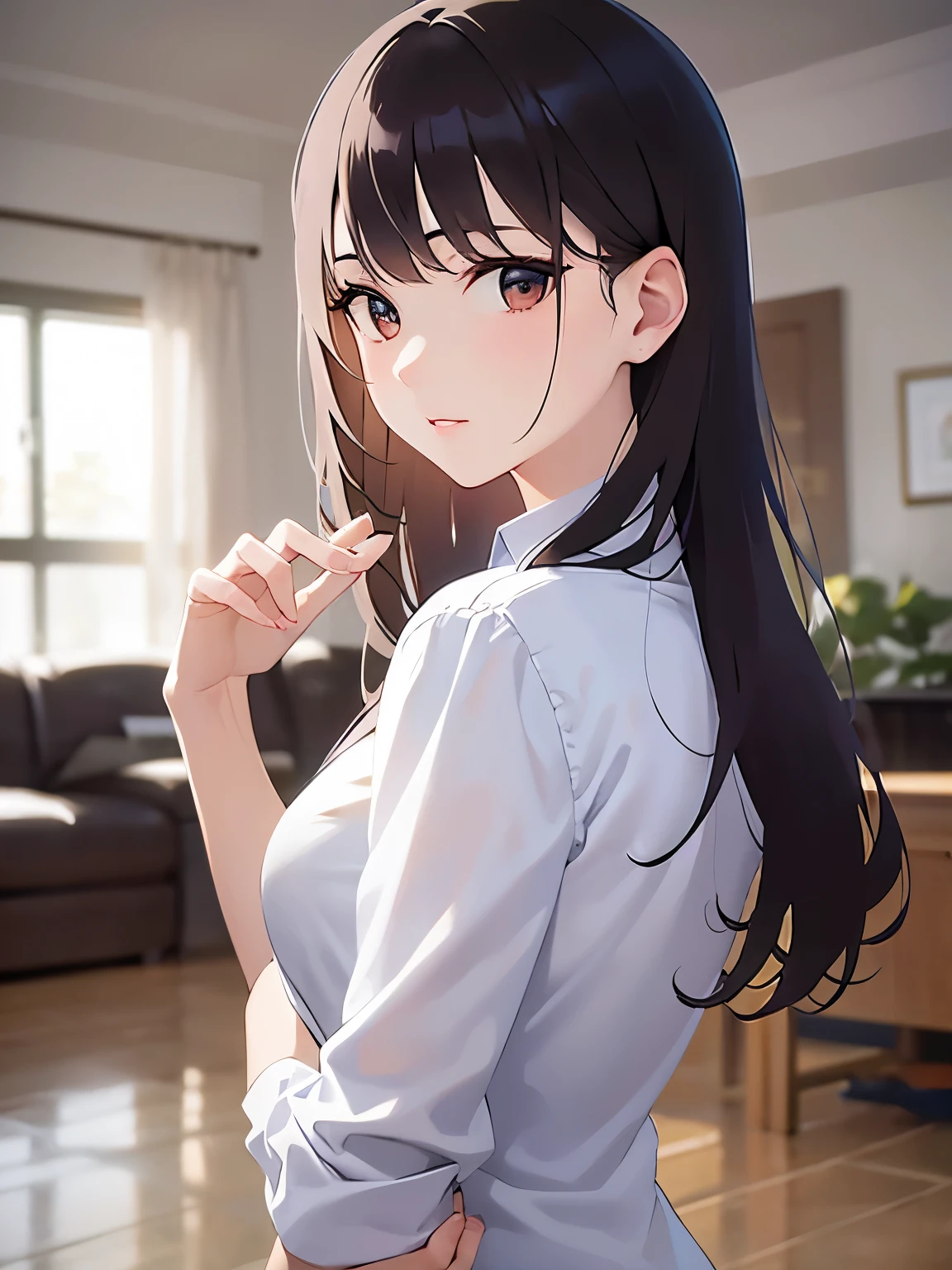 hand up,looking back,Upper Body, Realistic, real person, (pale skin: 1.2), RAW photo, photorealistic, shiny skin, shiny hair、 (A 35-year-old woman with medium-length hair and bangs) and (wavy hair) and (brown hair) and (Orange Eyes), (Wearing a business suit:1.5) and (Wearing a white collared shirt),expressionless,The background is the living room、Alone、Trying to leave the room