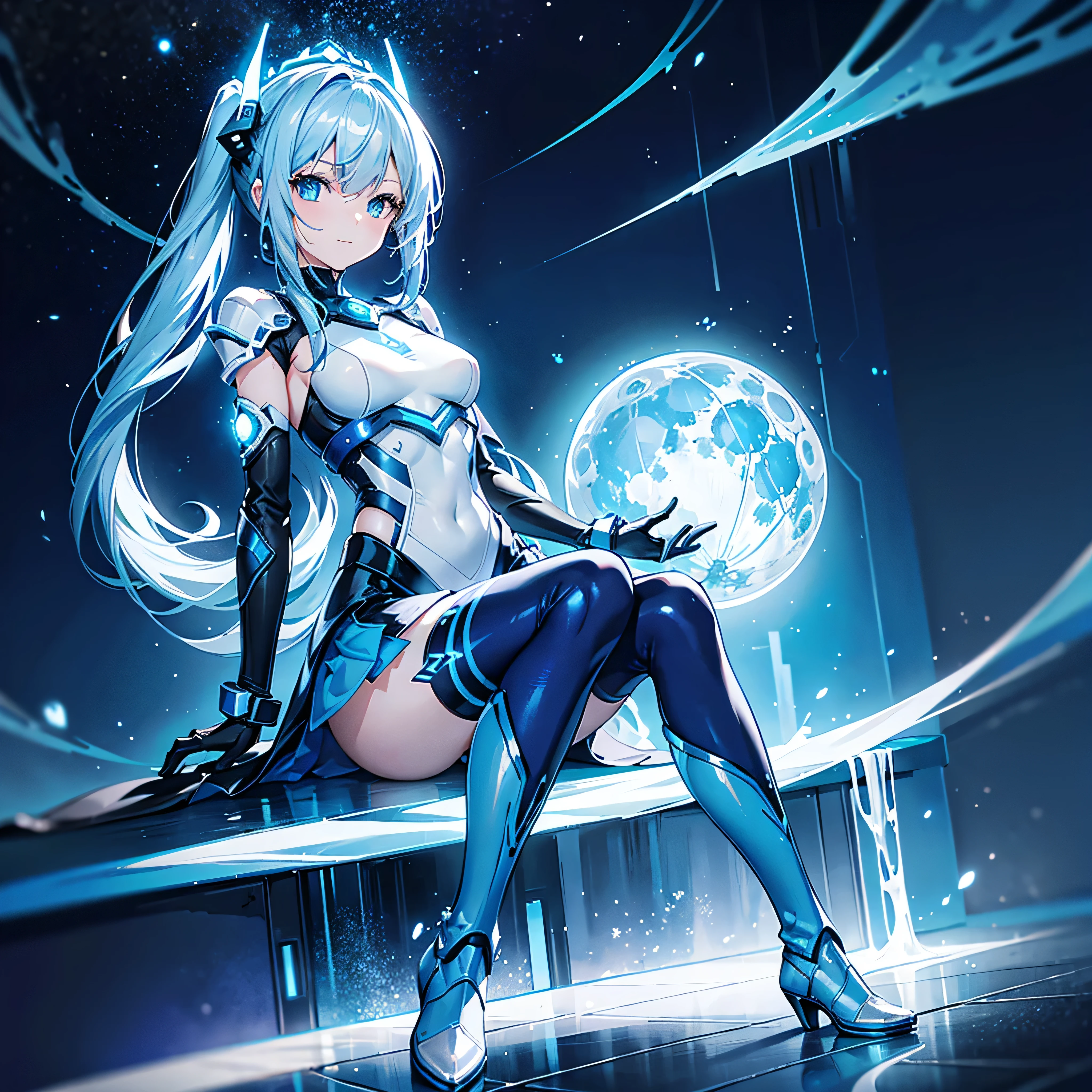 8K, Highest quality, (real:1.4), Original photo, 1 girl, Asari Hair, Biological Amplifier, Very sleek and futuristic armor, posture: Peace talks between warring factions,,attention arousal, smart blue eyes,A modest smile,Knee-high boots,Patent-look blue tights,Blue big moon and blue light swirl in the background,Blue light from behind,blue light magic,A small, glowing blue ball in the palm of your hand,Blue flame swirl,Blue Comet,Polished floor,