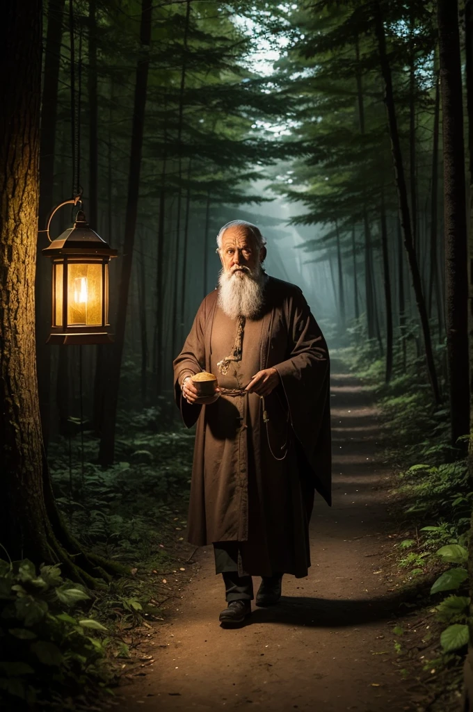 In a dense, dark forest, where the shadows dance between the ancient trees, a wise old man walks slowly. He holds an oil lantern that emits a soft, flickering light., barely enough to light the path ahead of you. The glow of the flashlight reveals his wrinkled face and his eyes full of wisdom. The leaves beneath your feet crunch with each step, and the distant sound of nocturnal animals echoes around. He appears to be on an important journey, maybe in search of something or someone lost in time. The darkness around you is deep, but the presence of the wise man and his lantern bring a sense of calm and hope.