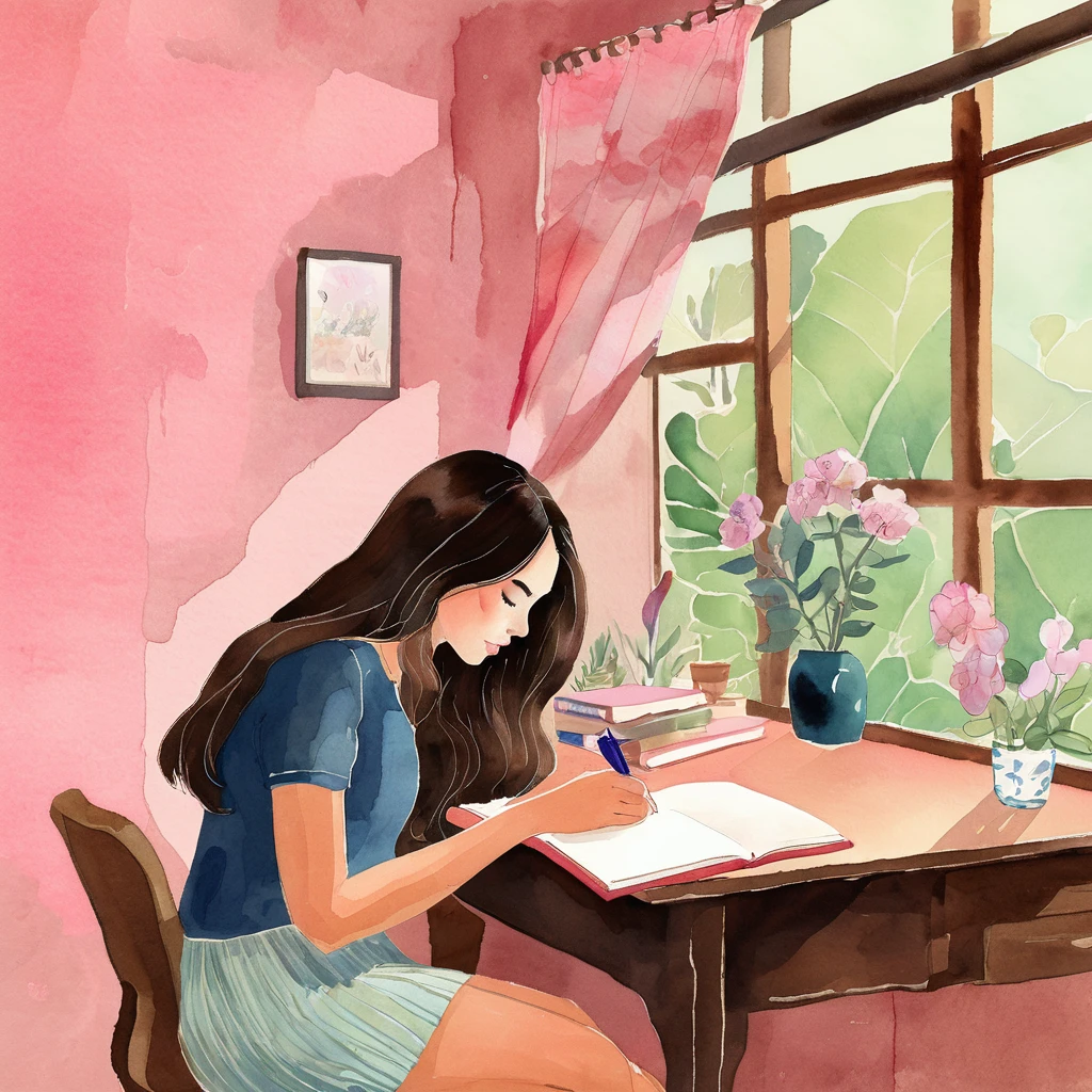 watercolor illustration In the tranquil scene of this image, a young black-haired woman is immersed in her own world, sitting at a desk in a room adorned with a pink wall. She is writing in a notebook, her hand gently holding a pen. The room environment exudes a warm and cozy atmosphere.