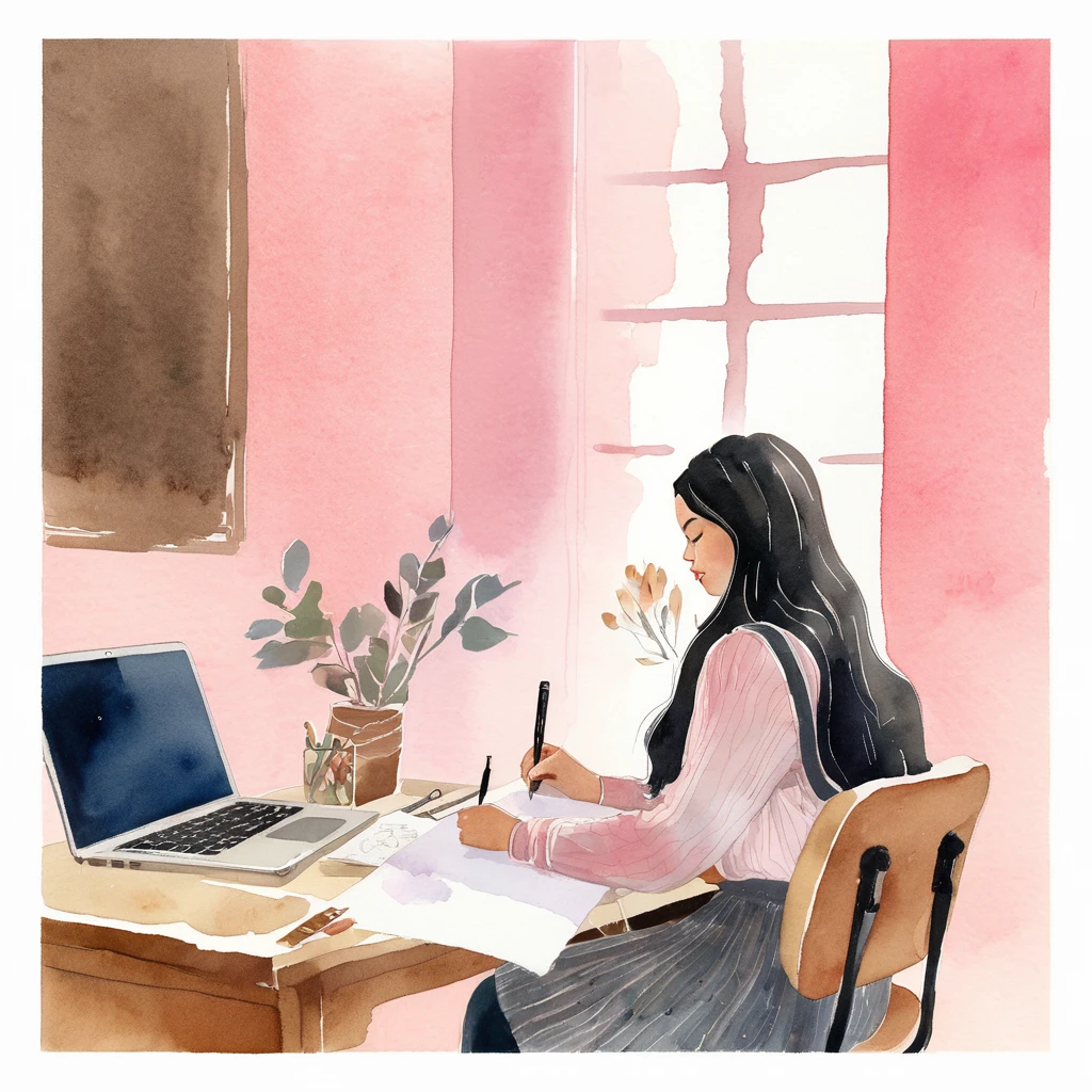 watercolor illustration In the tranquil scene of this image, a young black-haired woman is immersed in her own world, sitting at a desk in a room adorned with a pink wall. She is writing in a notebook, her hand gently holding a pen. The room environment exudes a warm and cozy atmosphere.